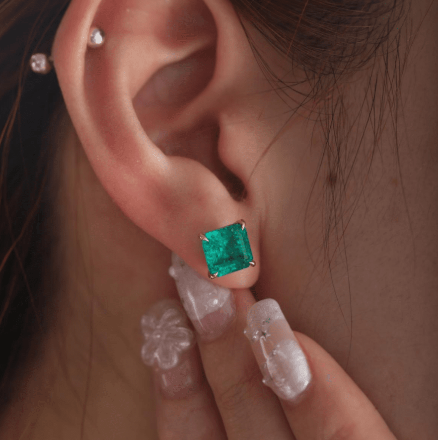 14K Yellow Gold 3.5 ct tw Asshcer Cut Colombian Lab Emerald 4 Claw Prong Basket Stud Earrings - FIORESE JEWELRY