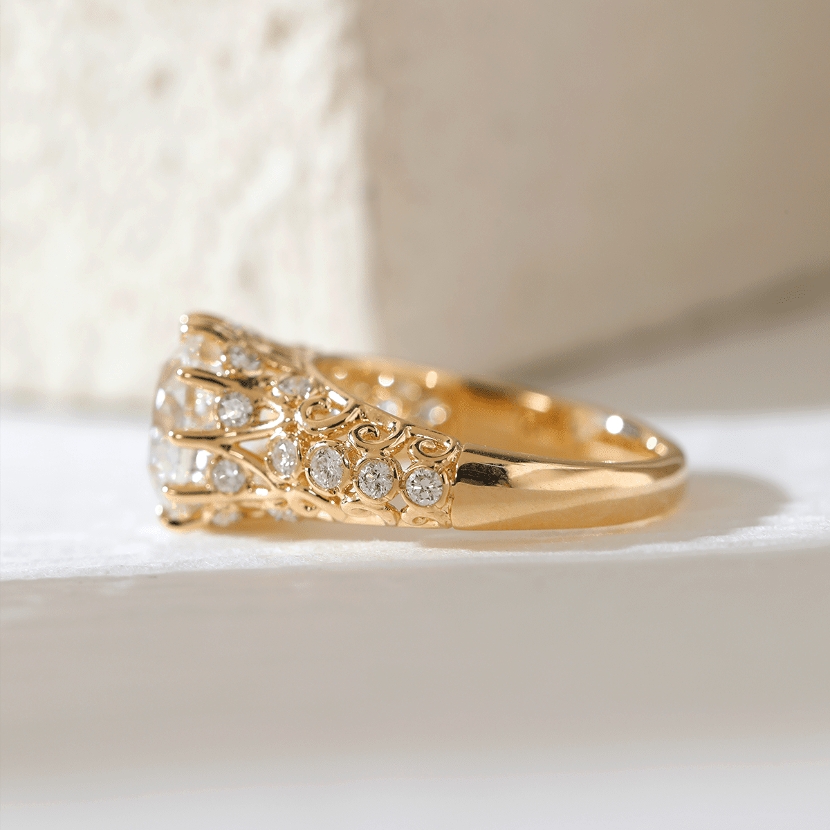 14K Yellow Gold 3.5ct Elongated Lab Diamond Antique - inspired Ring - FIORESE JEWELRY