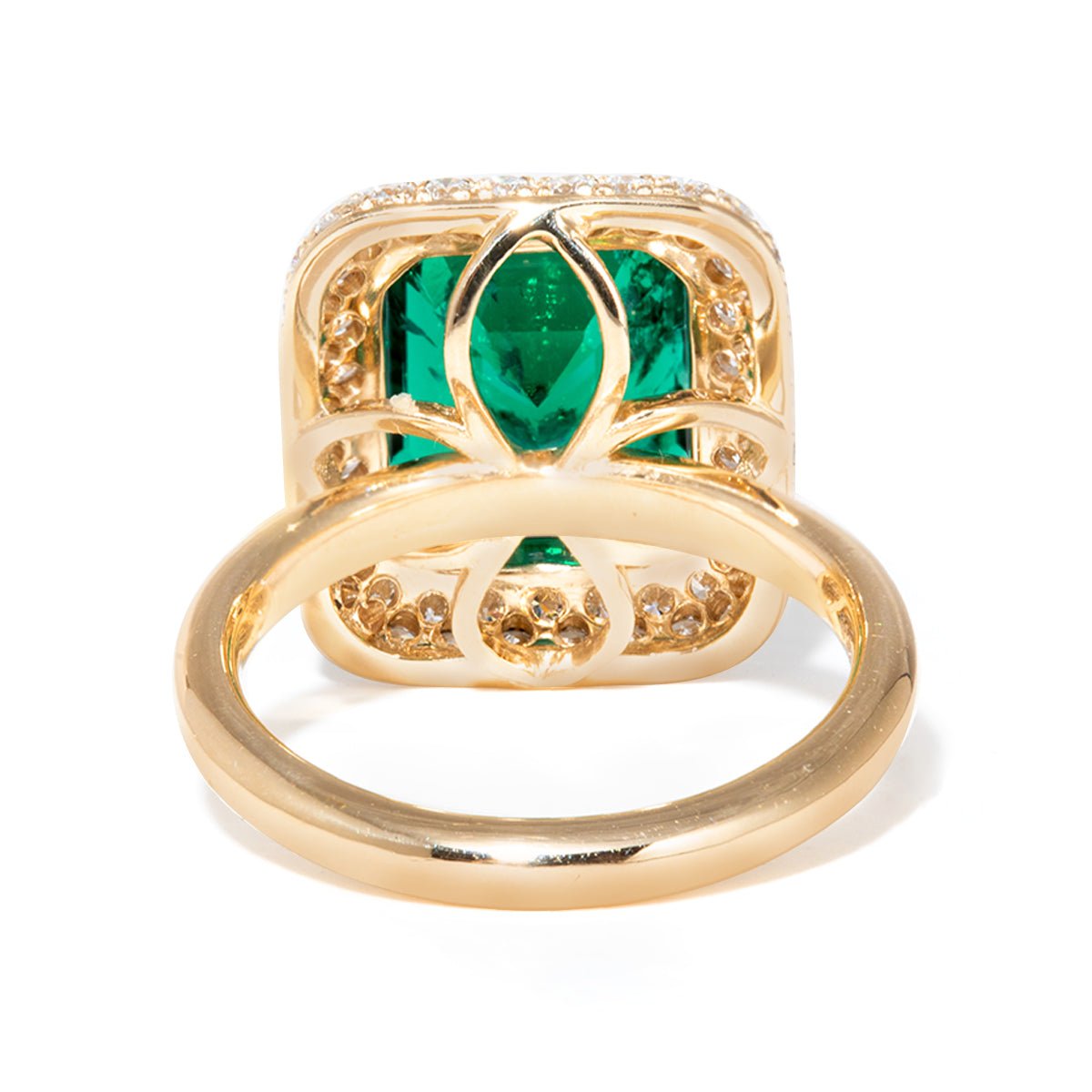 14K Yellow Gold 3.5ct Lab Zambian Emerald Double Claw Prongs Ring with Round Lab Diamond Halo - FIORESE JEWELRY