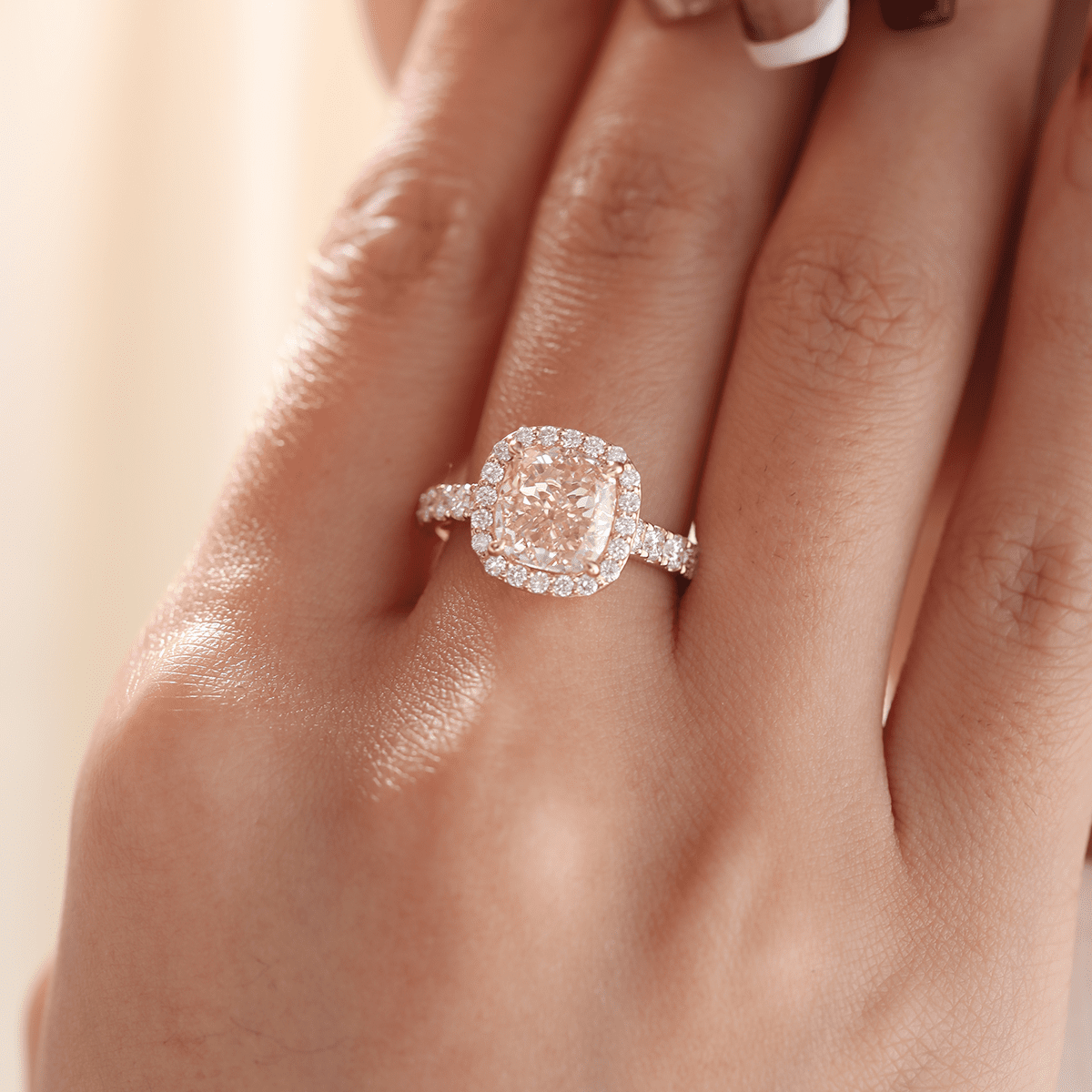 14K Yellow Gold 3ct Cushion Cut Pink Lab Diamond Ring with Round Lab Diamond Halo and U - shape Pave - FIORESE JEWELRY