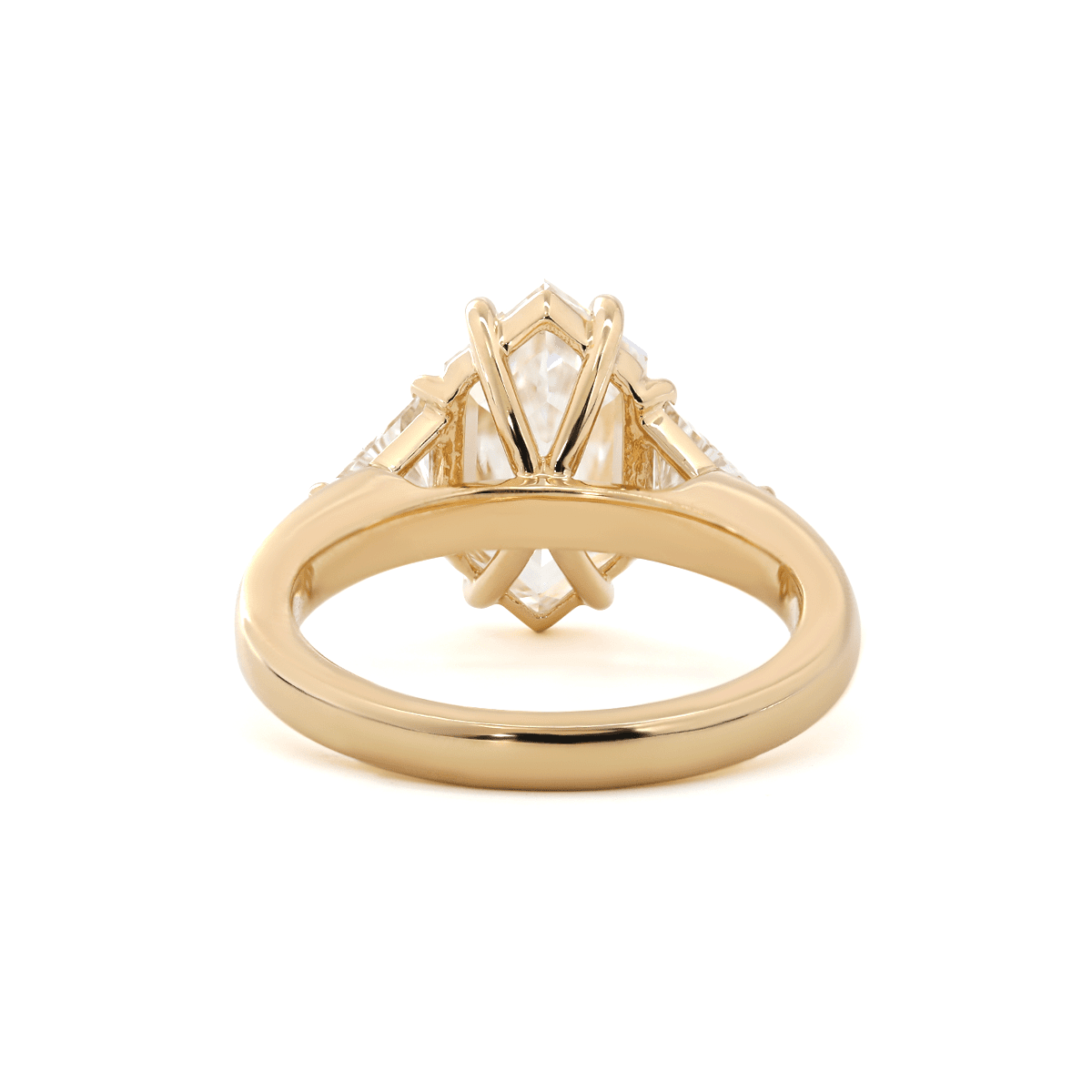 14K Yellow Gold 3ct Elongated Hexagonal Step Cut Lab Diamond Victoran - Style Three Stone Ring with Triangle Side - stone - FIORESE JEWELRY