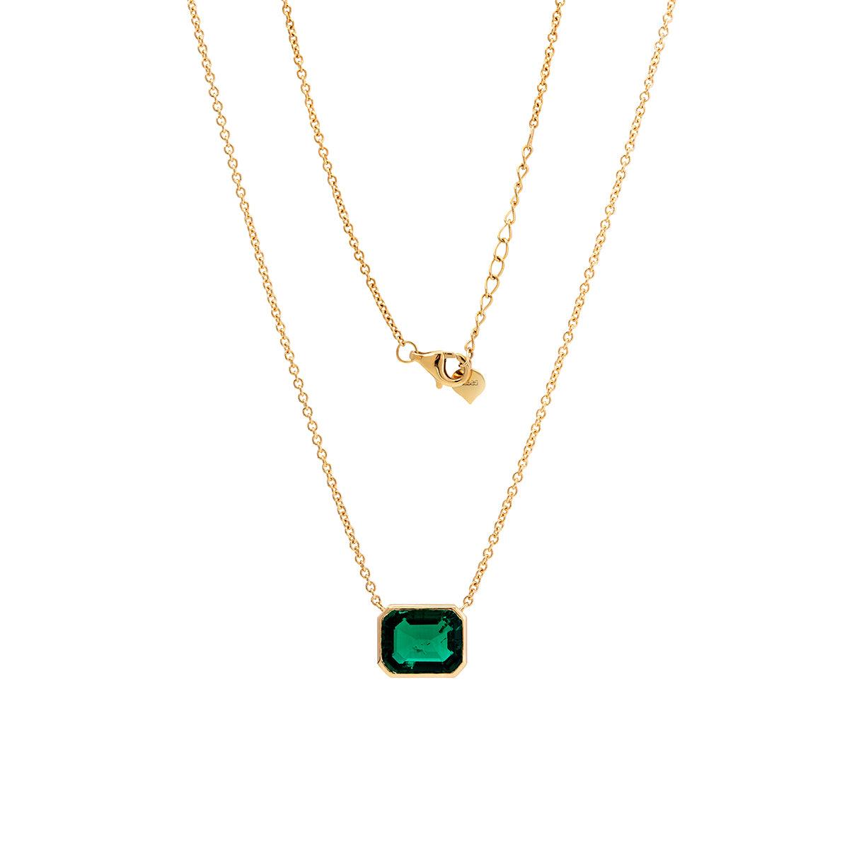 14K Yellow Gold 3ct Emerald Cut Lab Emerald Bezel Pendant Necklace - FIORESE JEWELRY