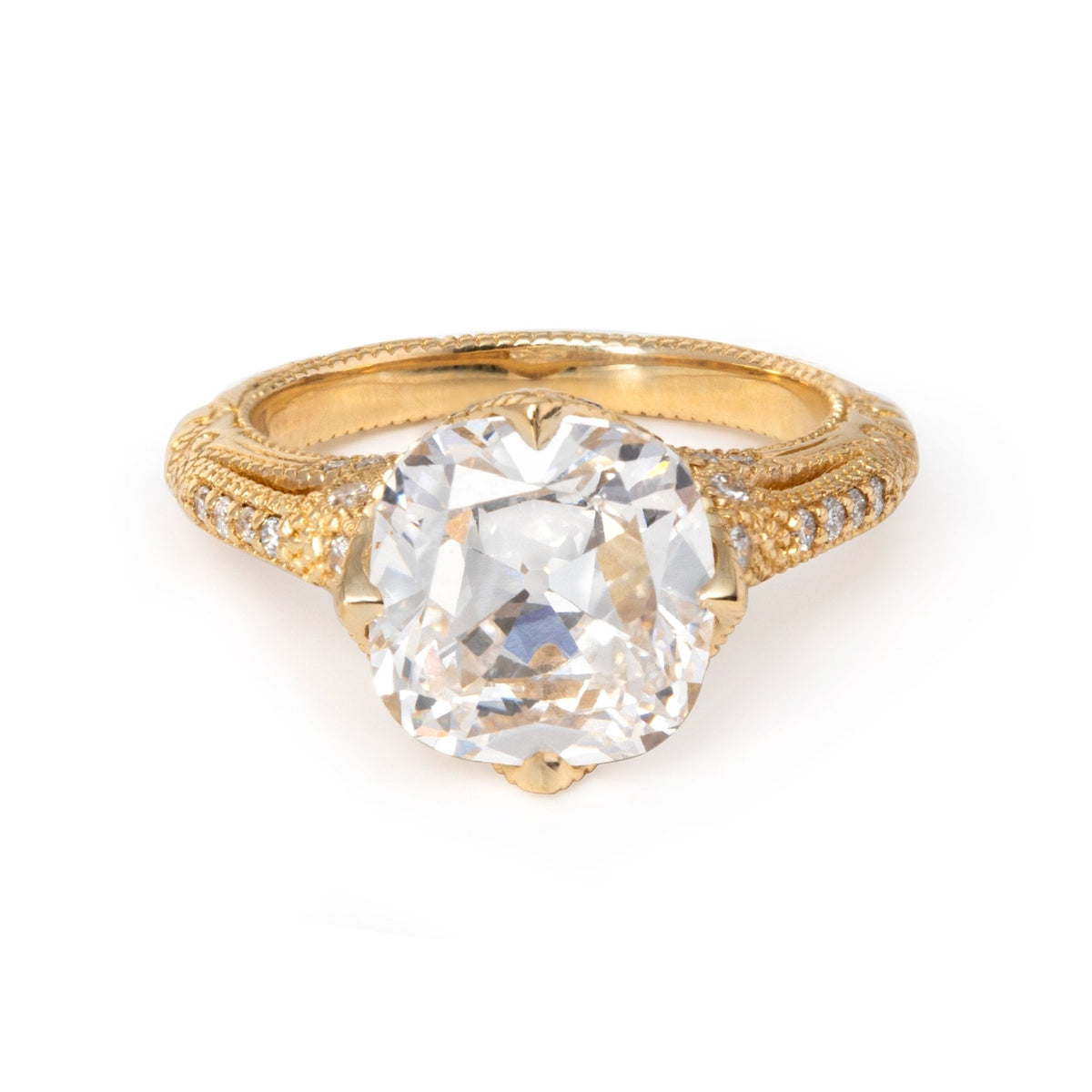 14K Yellow Gold 3ct Old Mine Cut Lab Diamond Crown Setting Diamond - milling Vintage Ring with Round Lab Diamond Side - stone - FIORESE JEWELRY