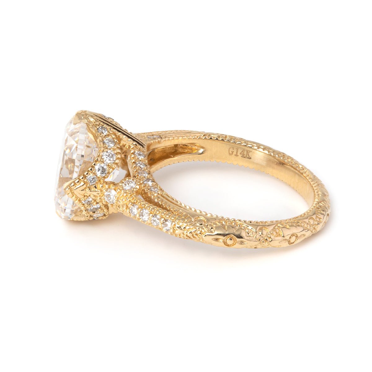 14K Yellow Gold 3ct Old Mine Cut Lab Diamond Crown Setting Diamond - milling Vintage Ring with Round Lab Diamond Side - stone - FIORESE JEWELRY