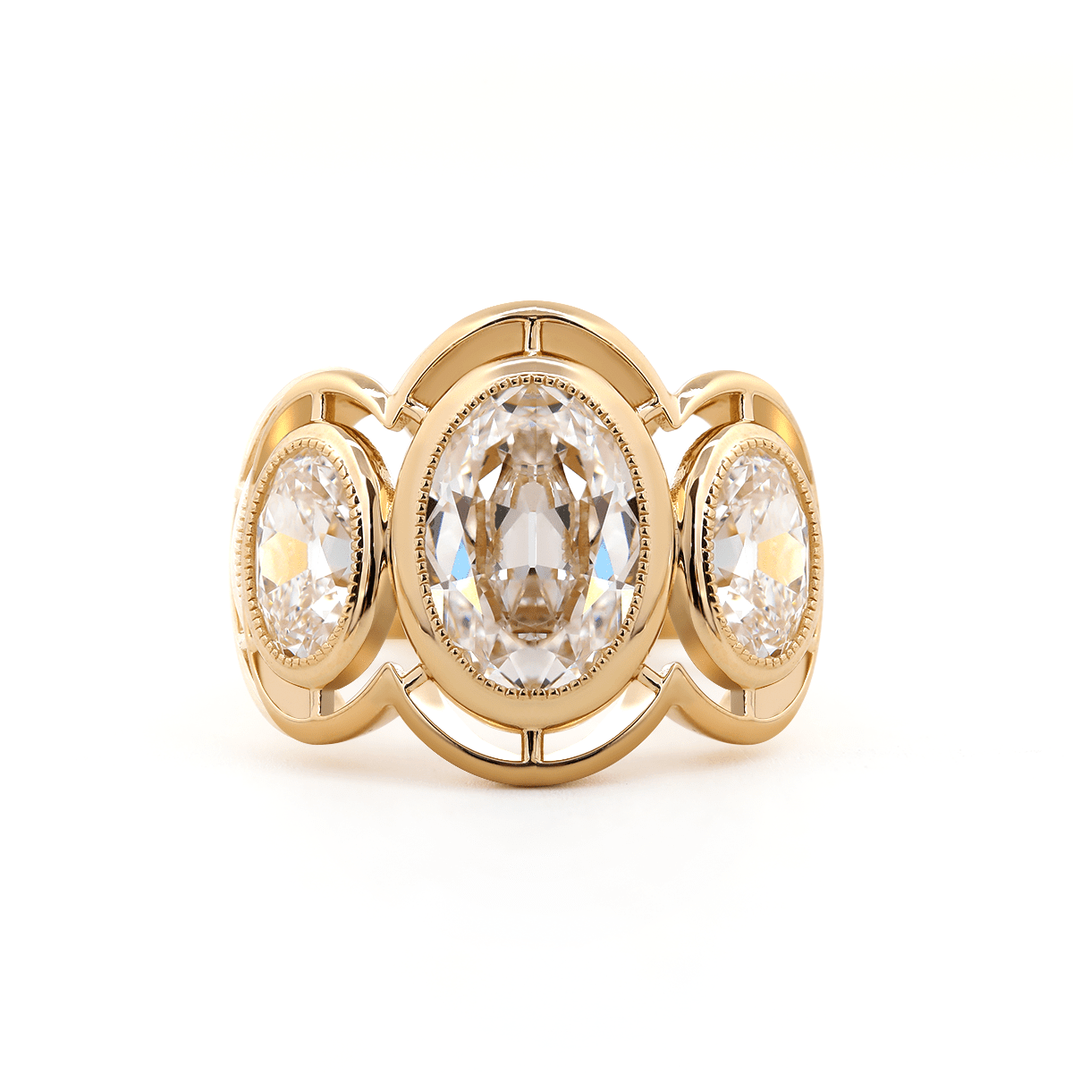 14K Yellow Gold 3ct Oval Old Mine Cut Lab Diamond Victoran - Style Millegrain Bezel Three Stone Ring - FIORESE JEWELRY