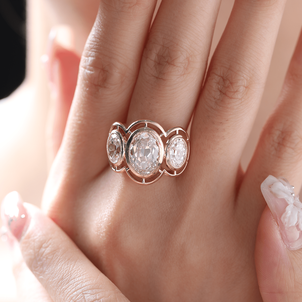 14K Yellow Gold 3ct Oval Old Mine Cut Lab Diamond Victoran - Style Millegrain Bezel Three Stone Ring - FIORESE JEWELRY