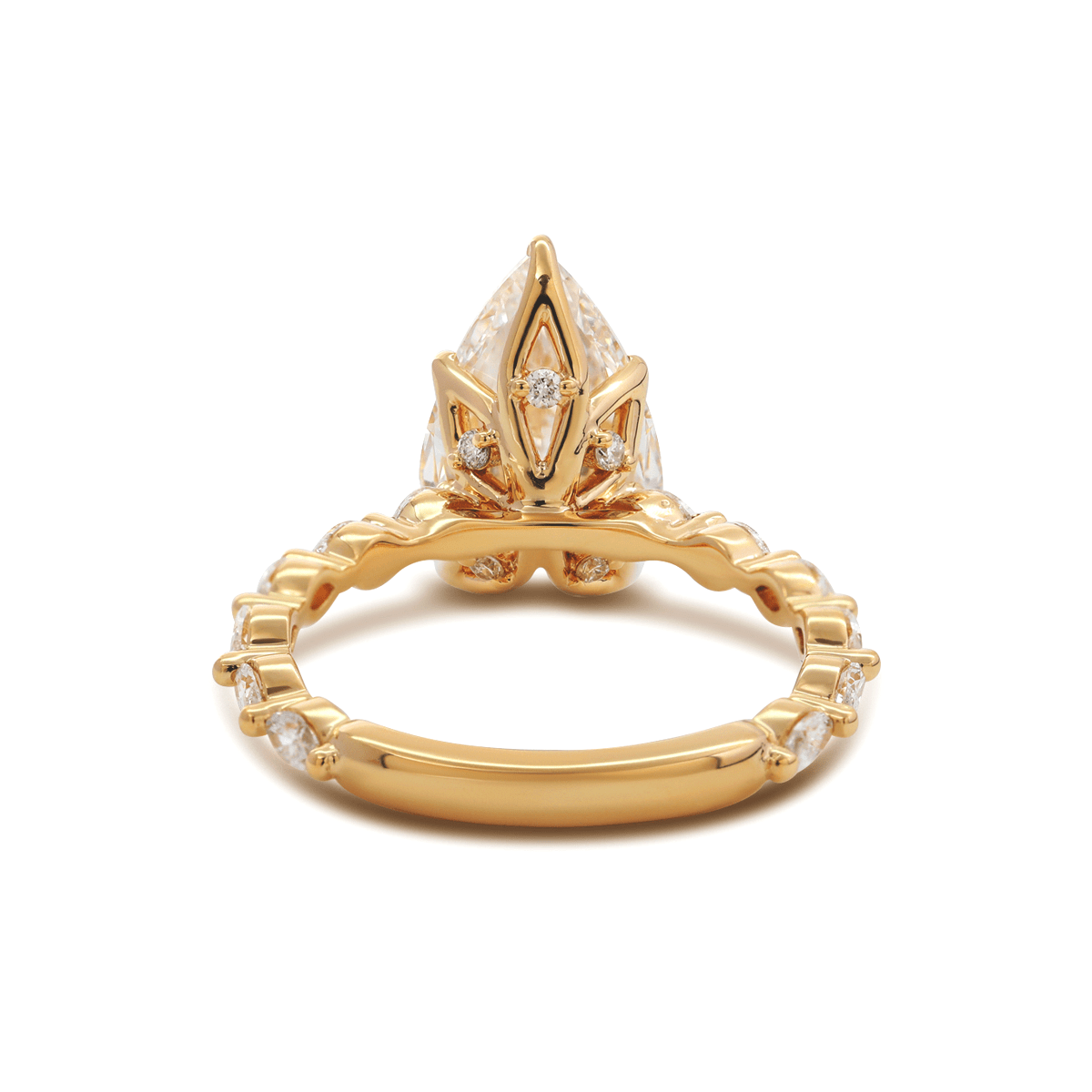 14K Yellow Gold 3ct Pear Cut Lab Diamond 5 Claw Prongs Floral Basket Engagement Ring with Marquise Cut and Round Cut Diamond Side - stones - FIORESE JEWELRY