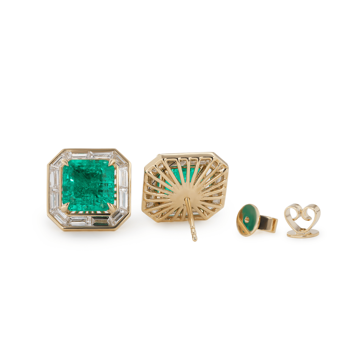 14K Yellow Gold 4.5 ct tw Asshcer Cut Colombian Lab Emerald Halo Stud Earrings - FIORESE JEWELRY