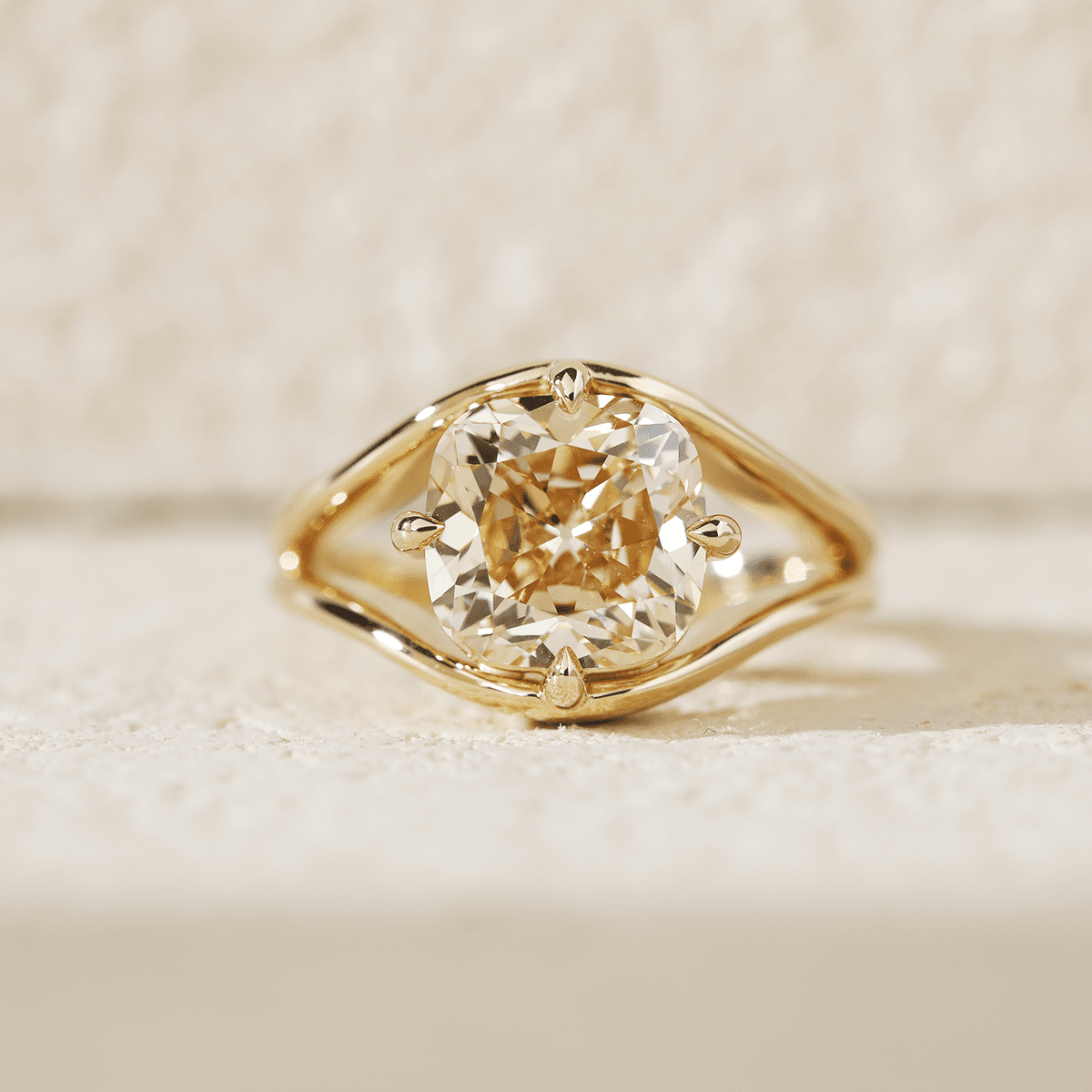 14K Yellow Gold 4ct Old Mine Cut Yellow Lab Diamond 4 Claw Prongs Solitaire Ring with Split Band Design - FIORESE JEWELRY
