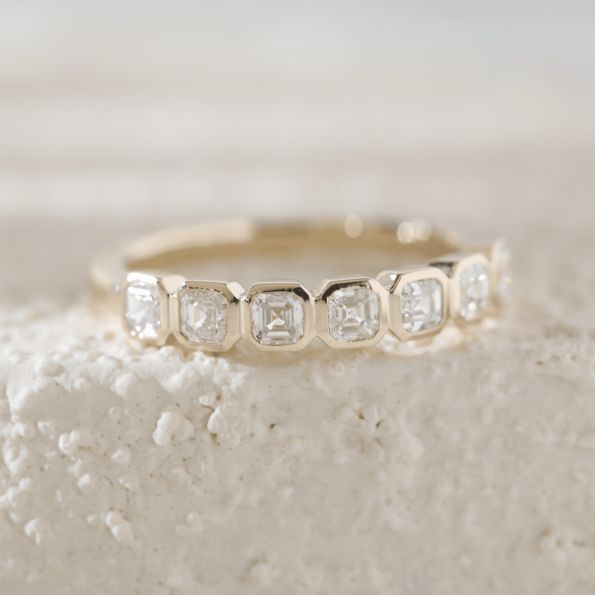 14K Yellow Gold Asscher Cut Lab Diamond 7 Stone Bezel Half Eternity Ring - FIORESE JEWELRY