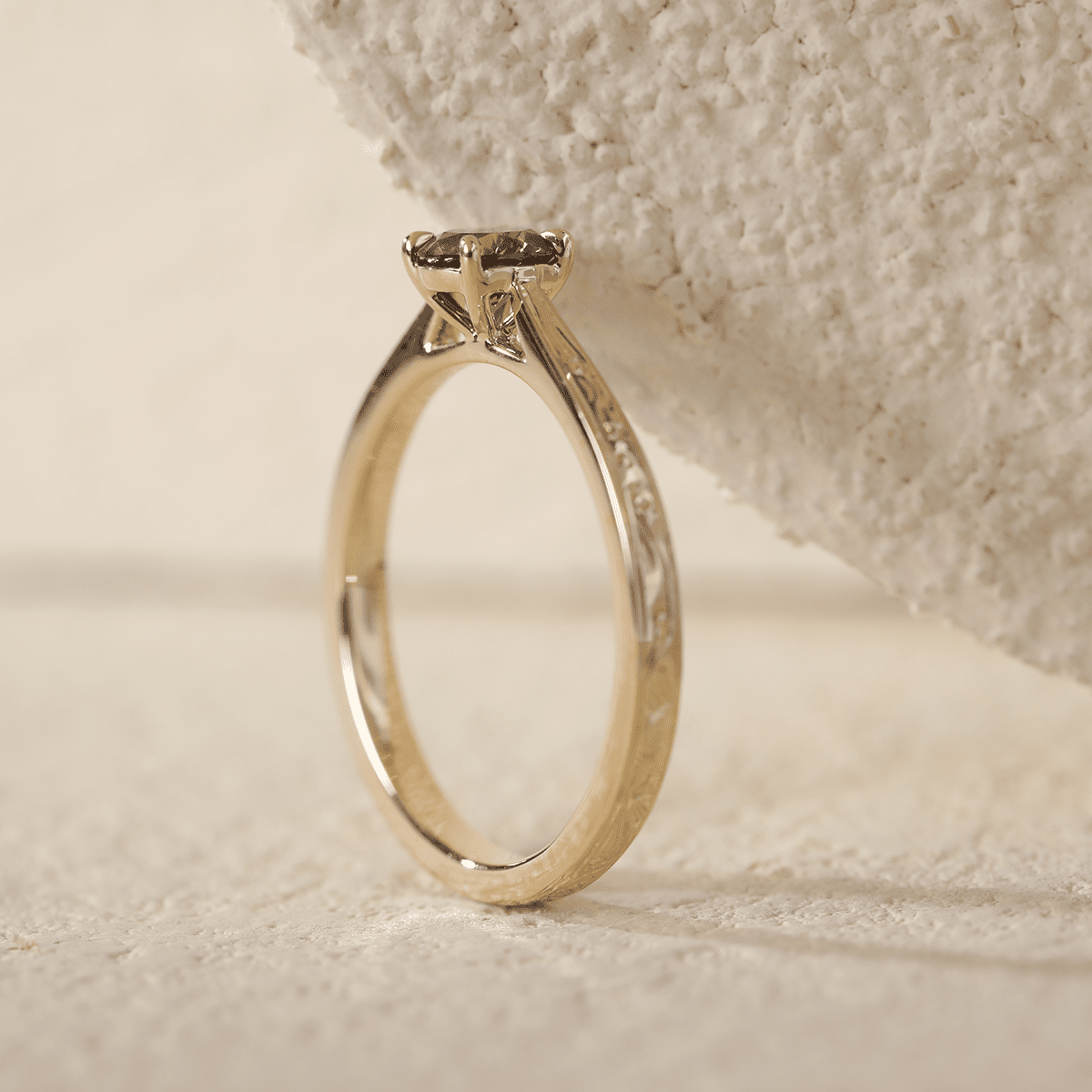 14K Yellow Gold Brown Round Cut Lab Diamond 4 Claw Prong Cathedral Setting Solitaire Ring with Floral Engraving - FIORESE JEWELRY
