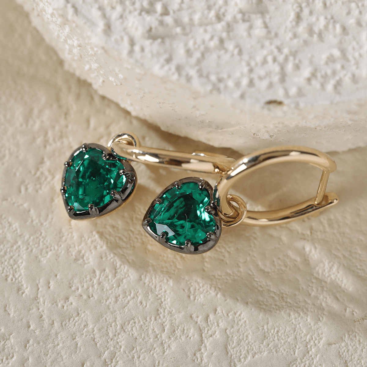 14K Yellow Gold Heart Cut Colombian Lab Emerald Bezel Setting Hoop Earrings with Black Rhodium Plated - FIORESE JEWELRY