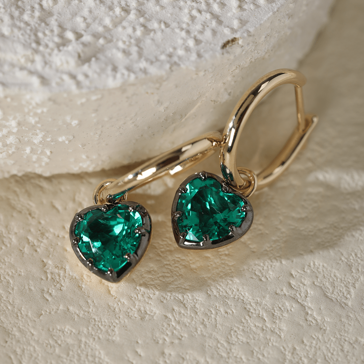 14K Yellow Gold Heart Cut Colombian Lab Emerald Bezel Setting Hoop Earrings with Black Rhodium Plated - FIORESE JEWELRY
