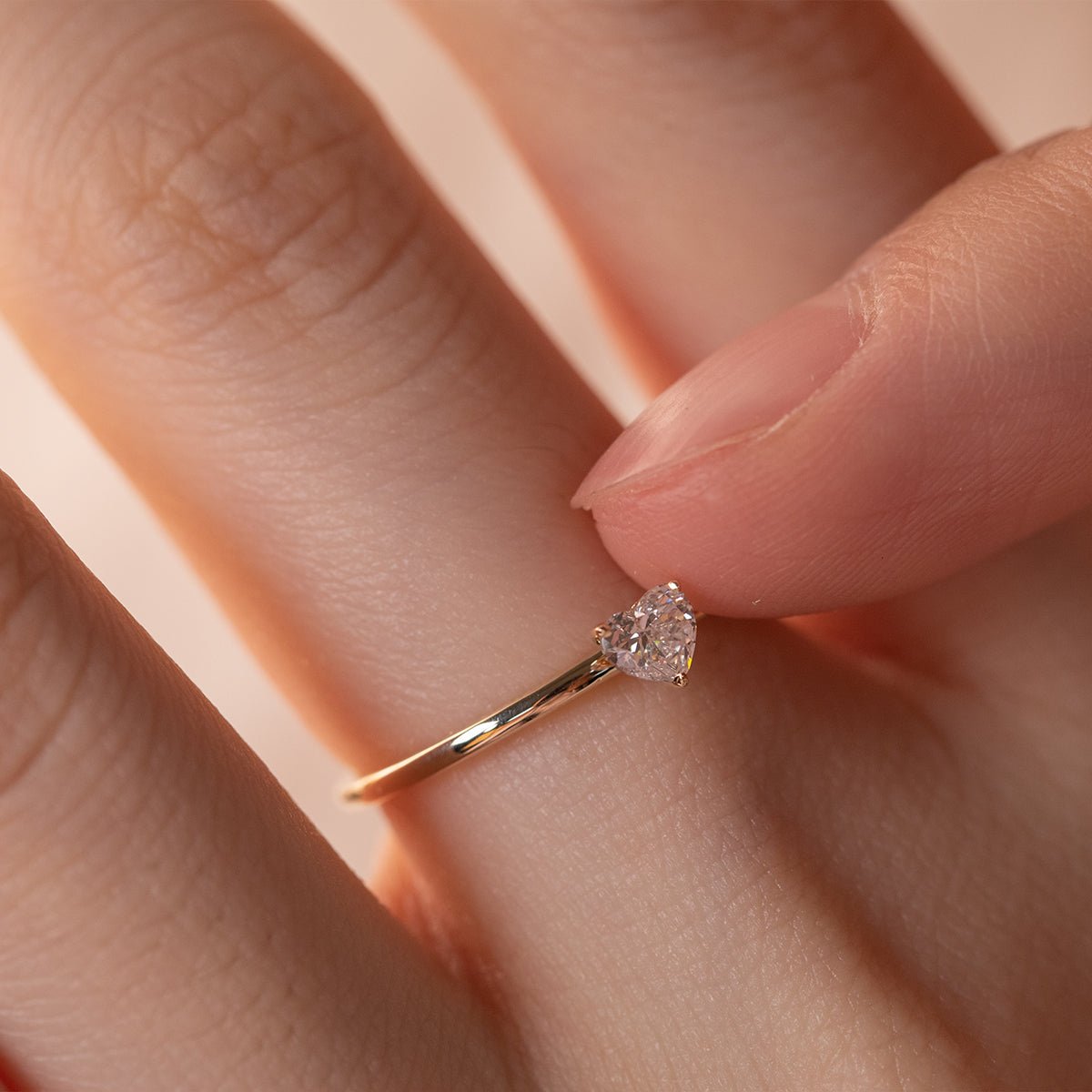 14K Yellow Gold Heart Cut Lab Diamond 3 Prong Basket Setting Slim Band Solitaire Ring - FIORESE JEWELRY