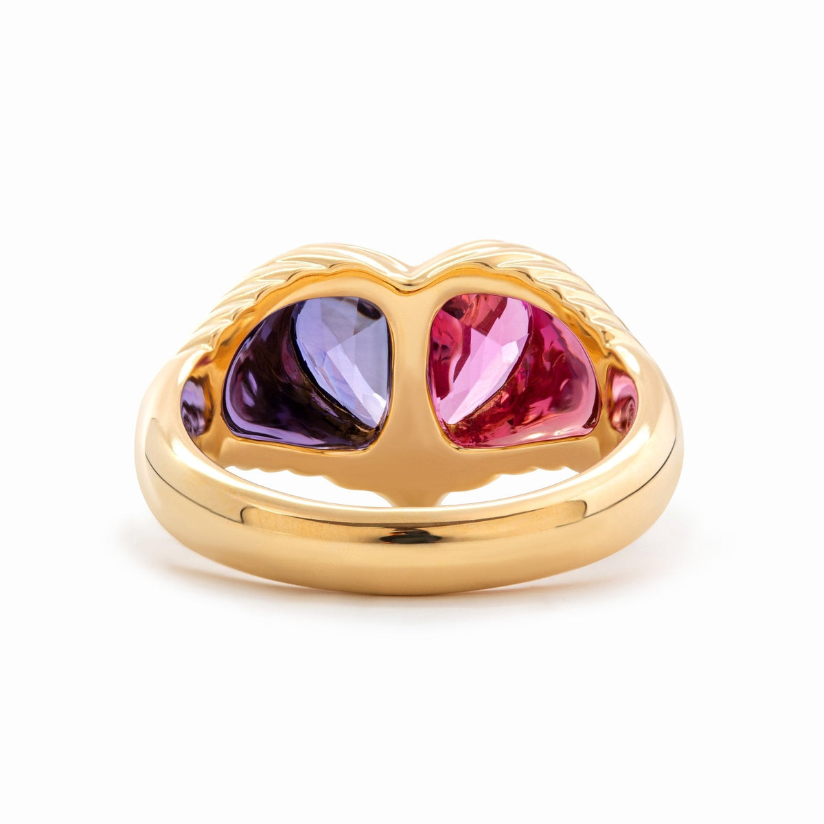 14K Yellow Gold Heart Shaped Toi et Moi Ring with 2 Half Heart Shapes Lab Pink Sapphire and Purple Sapphire (Fancy Corundum) - FIORESE JEWELRY