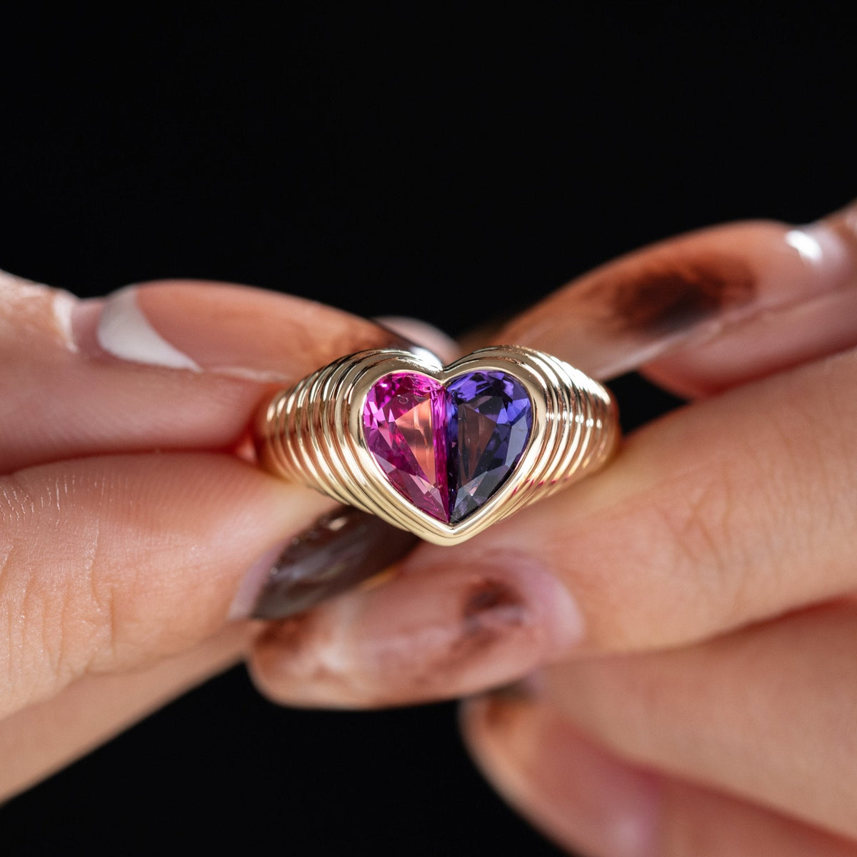 14K Yellow Gold Heart Shaped Toi et Moi Ring with 2 Half Heart Shapes Lab Pink Sapphire and Purple Sapphire (Fancy Corundum) - FIORESE JEWELRY