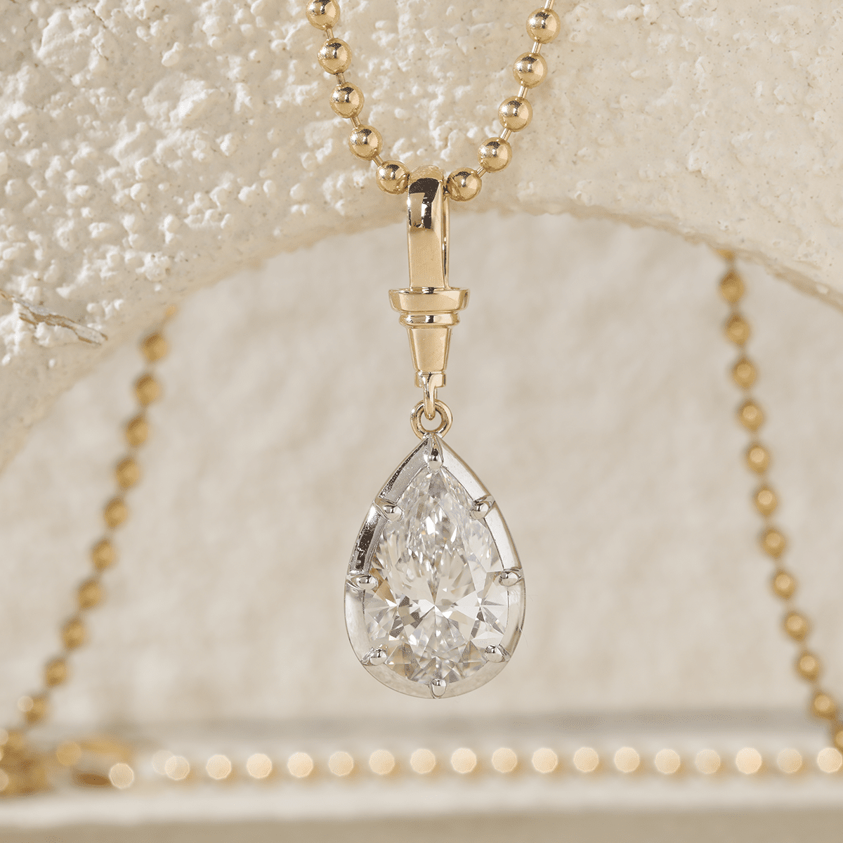 14K Yellow Gold Necklace with 3ct Pear Shaped Lab Diamond Pendant in White Gold Bezel Setting and Beaded Chain - FIORESE JEWELRY