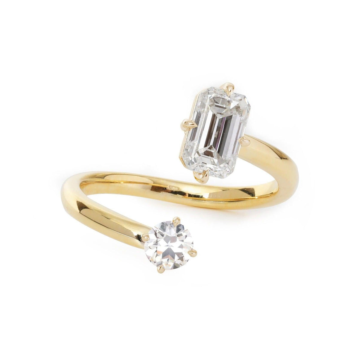 14K Yellow Gold Old European Cut & Emerald Cut Lab Diamond Toi et Moi Ring - FIORESE JEWELRY