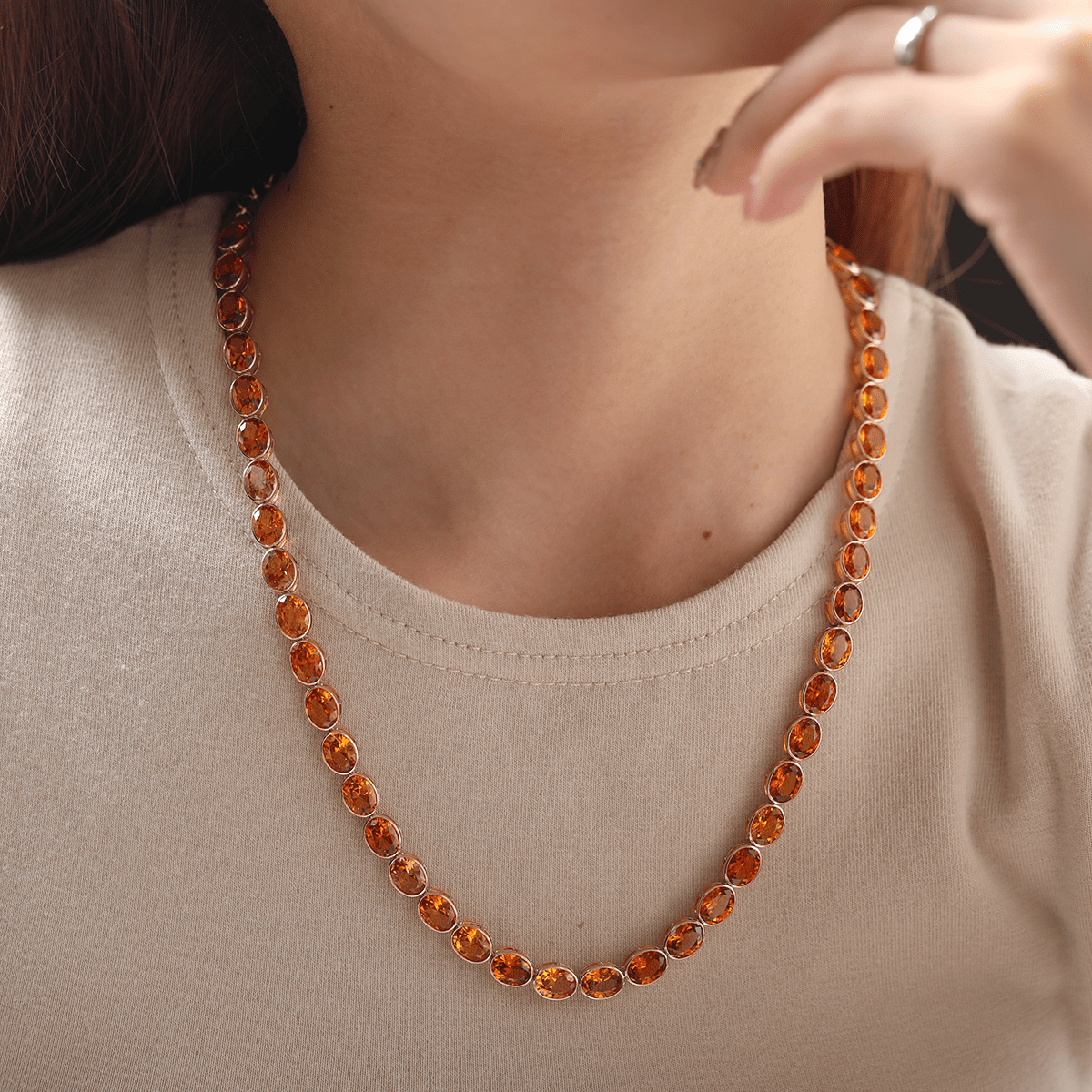 14K Yellow Gold Oval Lab Orange Sapphire Bezel Tennis Necklace with Adjustable Chain - FIORESE JEWELRY