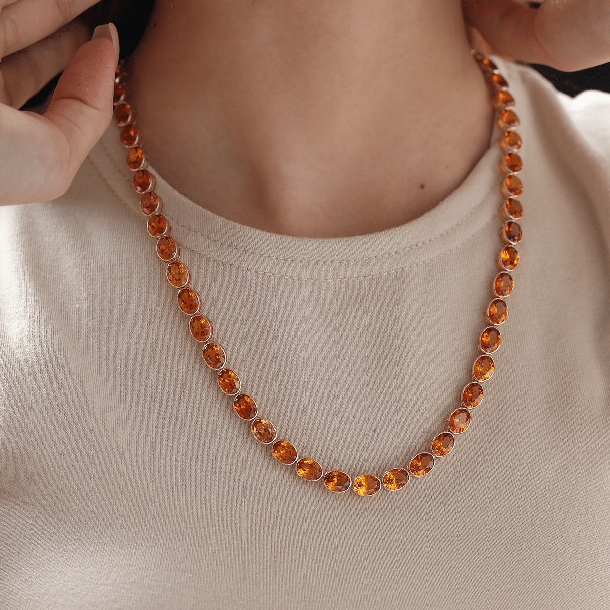 14K Yellow Gold Oval Lab Orange Sapphire Bezel Tennis Necklace with Adjustable Chain - FIORESE JEWELRY
