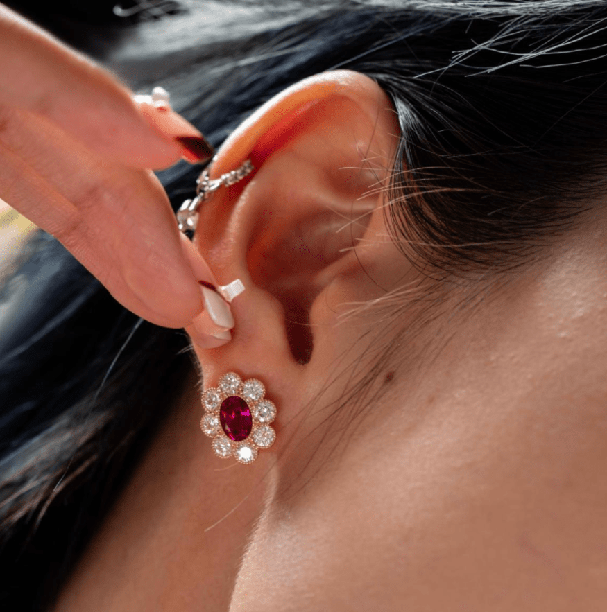 14K Yellow Gold Oval Pink Sapphire & Round Lab Diamond Flower Millegrain Bezel Stud Earrings - FIORESE JEWELRY