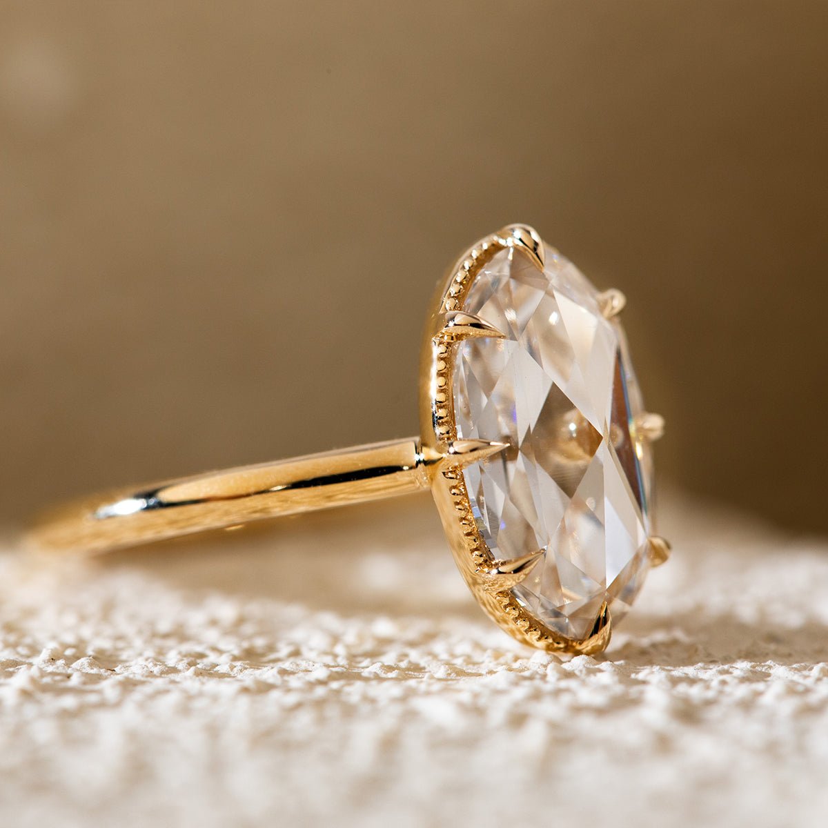 14K Yellow Gold Oval Rose Cut Lab Diamond Millegrain Solitaire Ring - FIORESE JEWELRY