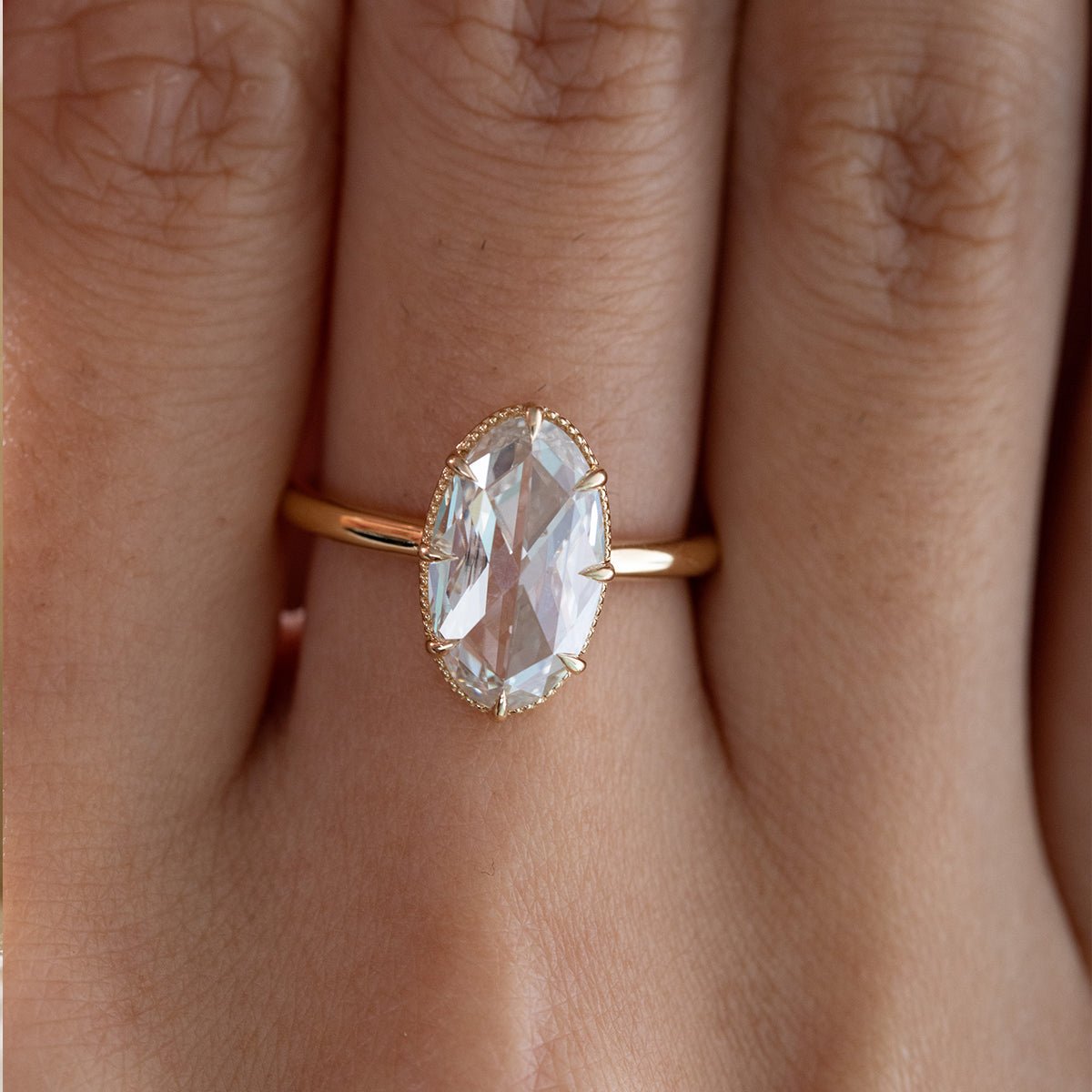 14K Yellow Gold Oval Rose Cut Lab Diamond Millegrain Solitaire Ring - FIORESE JEWELRY