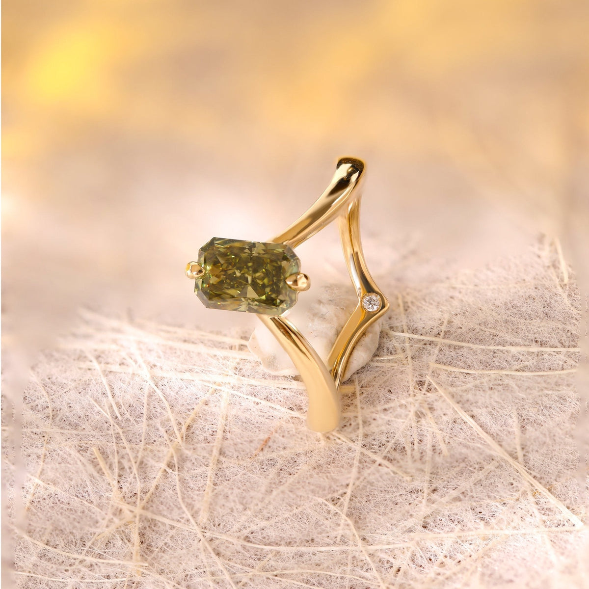 14K Yellow Gold Radiant Cut Green Lab Diamond Sylvan Crown Ring with a Hidden Round Diamond - FIORESE JEWELRY