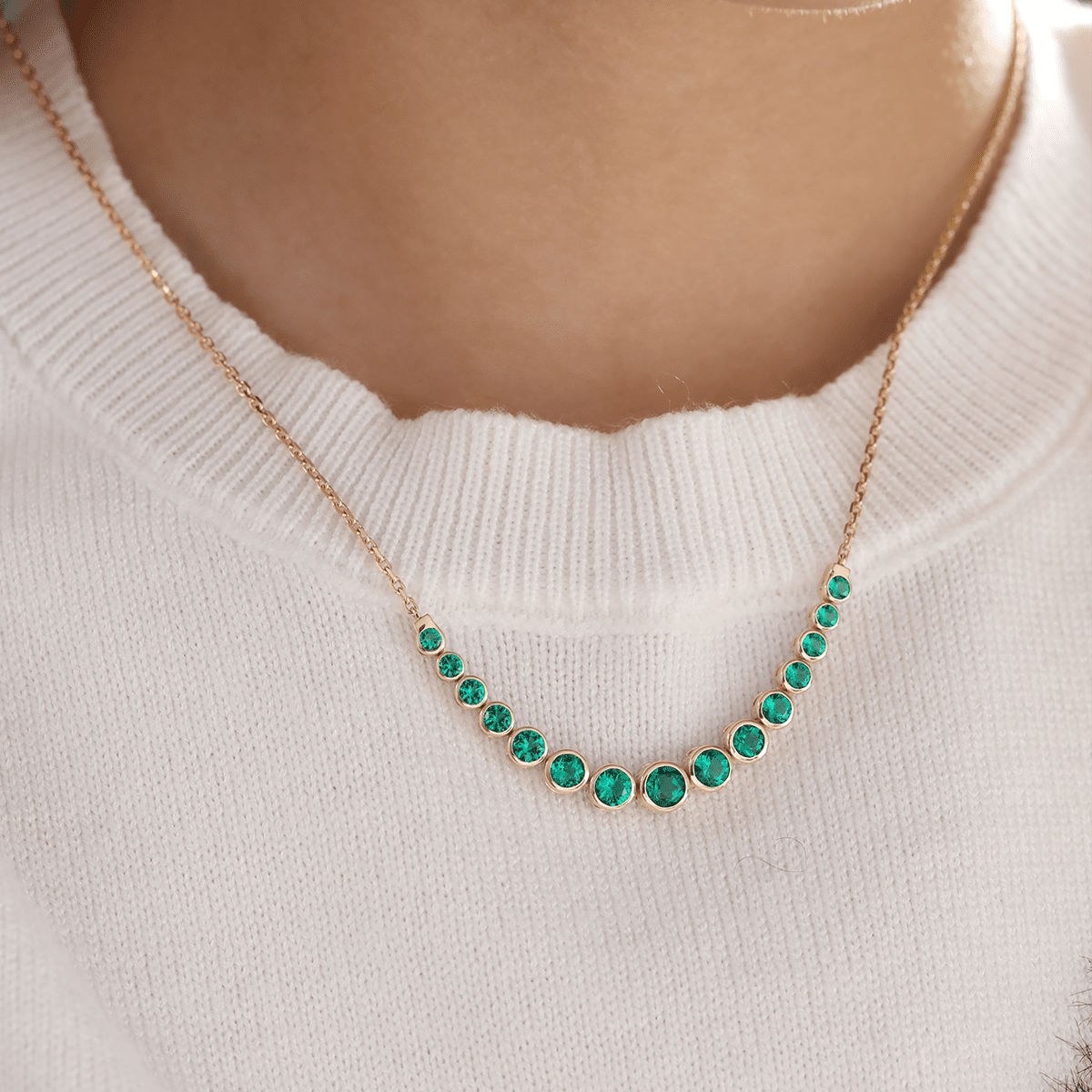 14K Yellow Gold Round Lab Columbian Emerald Bezel Smile Pendant Necklace - FIORESE JEWELRY