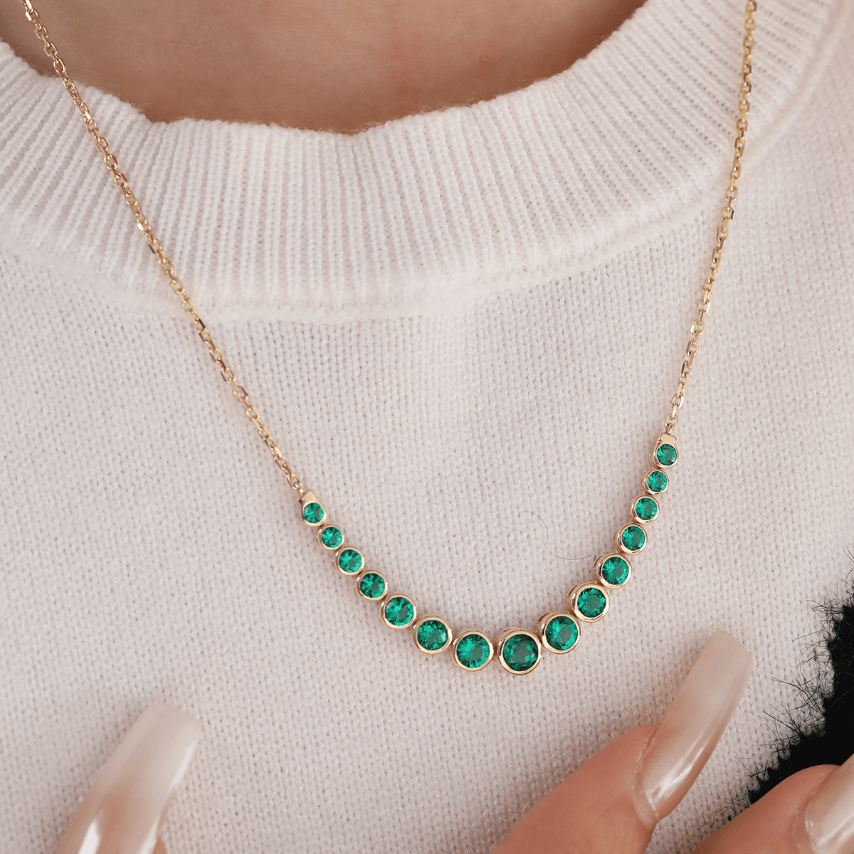 14K Yellow Gold Round Lab Columbian Emerald Bezel Smile Pendant Necklace - FIORESE JEWELRY
