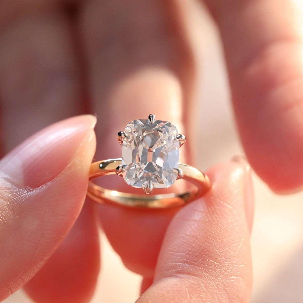 14k Yellow Gold & White Gold 3ct Elongated Old Mine Cut Lab Diamond Floral Basket Solitaire Ring - FIORESE JEWELRY