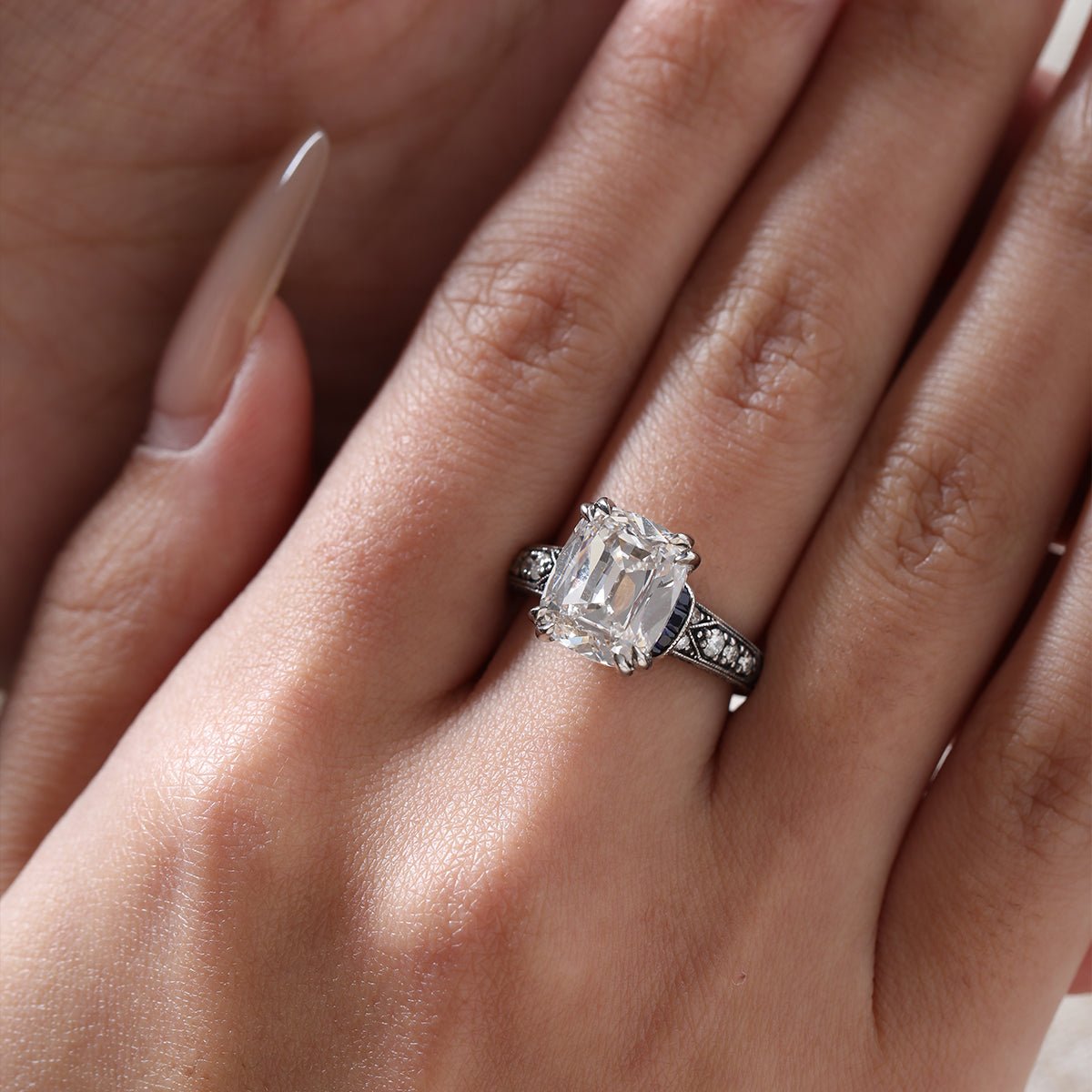 18K Gold 4.5ct Elongated Old Mine Cut Lab Diamond Antique - inspired Ring with Princess Cut Lab Sapphire & Round Cut Lab Diamond Side - stone - FIORESE JEWELRY