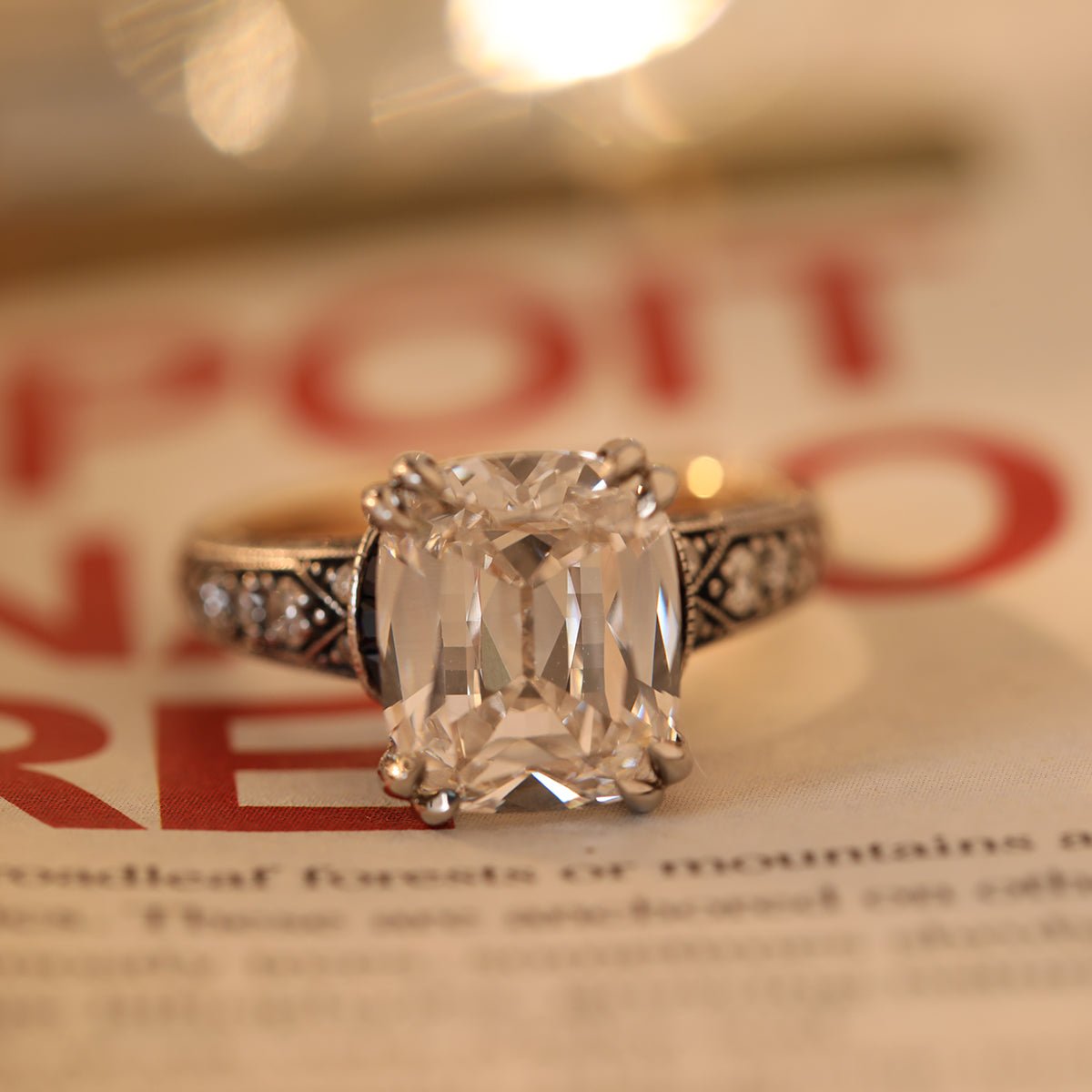 18K Gold 4.5ct Elongated Old Mine Cut Lab Diamond Antique - inspired Ring with Princess Cut Lab Sapphire & Round Cut Lab Diamond Side - stone - FIORESE JEWELRY