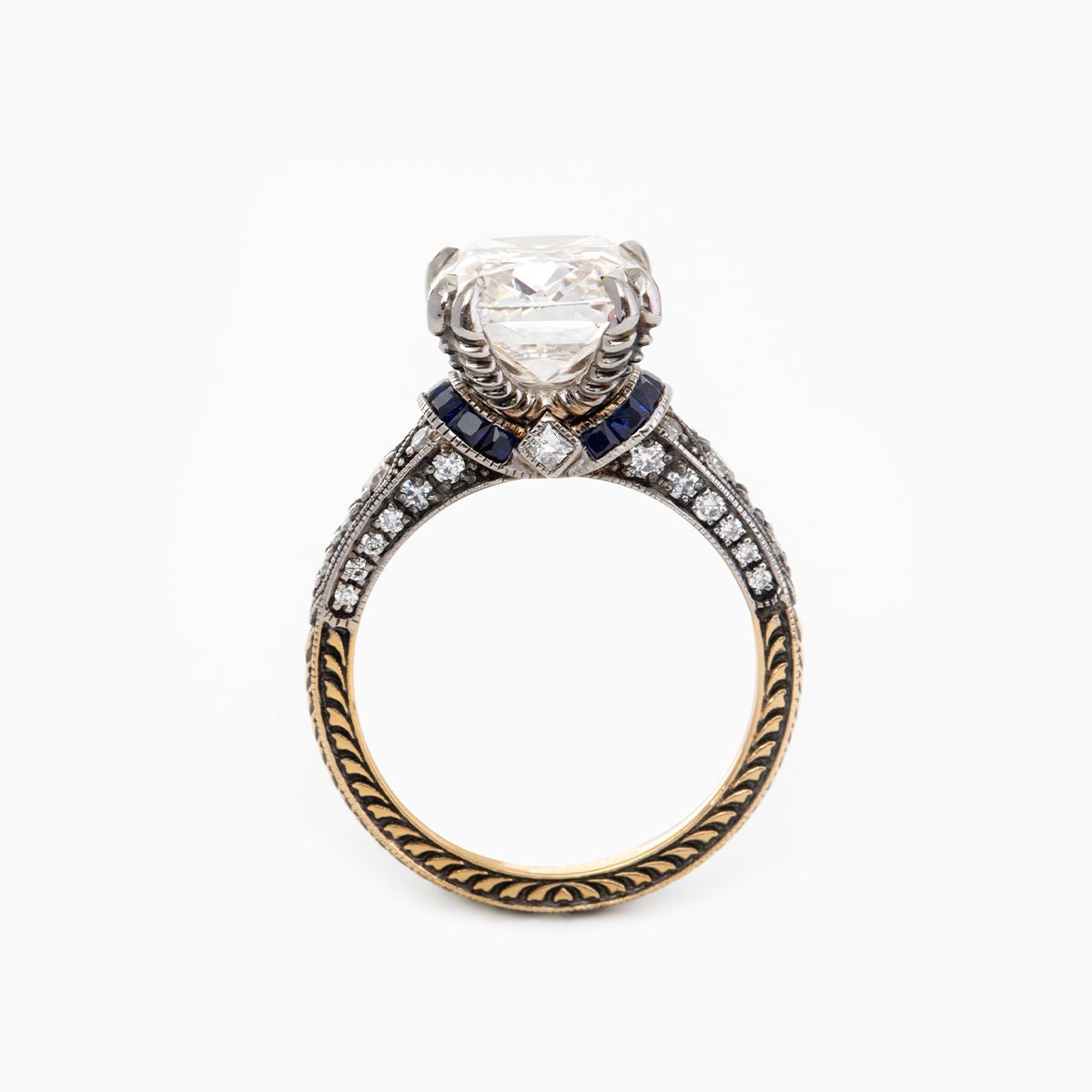 18K Gold 4.5ct Elongated Old Mine Cut Lab Diamond Antique - inspired Ring with Princess Cut Lab Sapphire & Round Cut Lab Diamond Side - stone - FIORESE JEWELRY