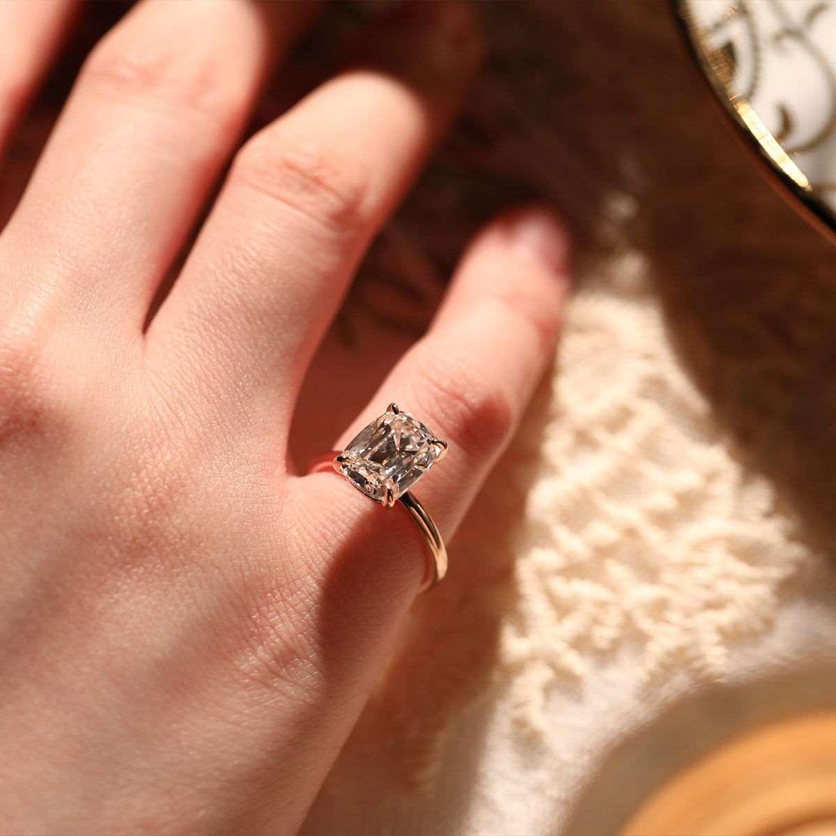 18K Rose Gold 3.5ct Elongated Old Mine Cut Lab Diamond Solitaire Ring - FIORESE JEWELRY