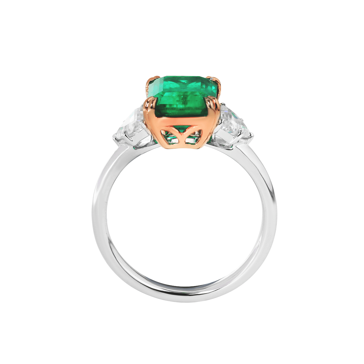 18K White and Rose Gold 2ct Lab Emerald Three Stone Ring with Cadillac Cut Lab Diamond Side - stone - FIORESE JEWELRY