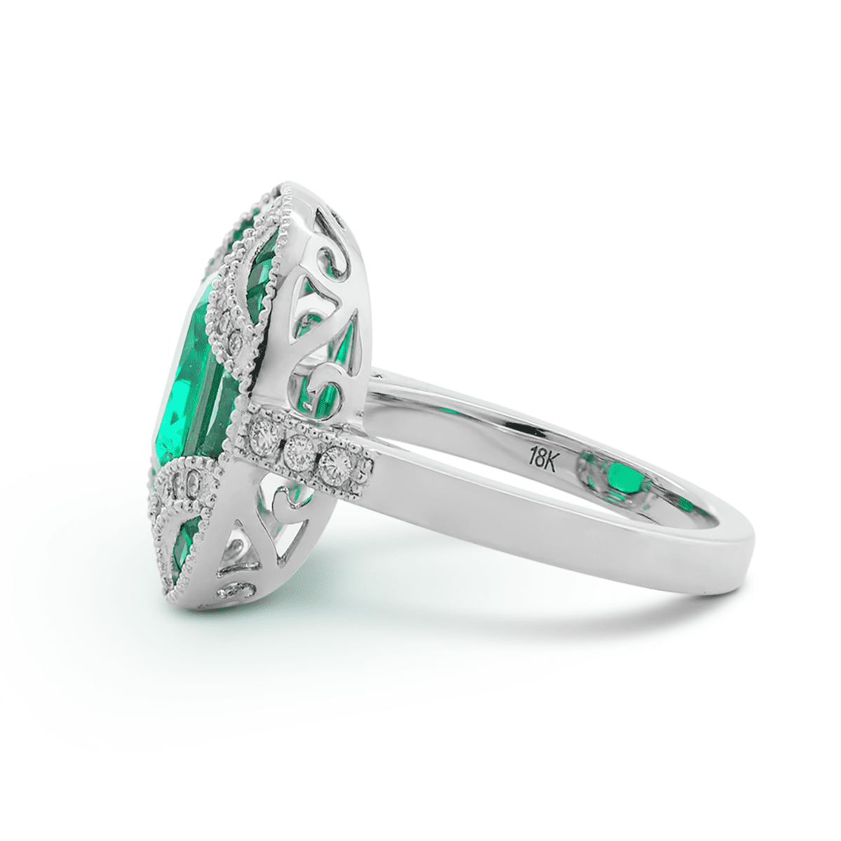18K White Gold 2ct Cushion Lab Columbian Emerald Millegrain Invisible Setting Vintage Ring with Round Lab Diamond and Mixed Cut Lab Columbian Emerald Side - stones - FIORESE JEWELRY