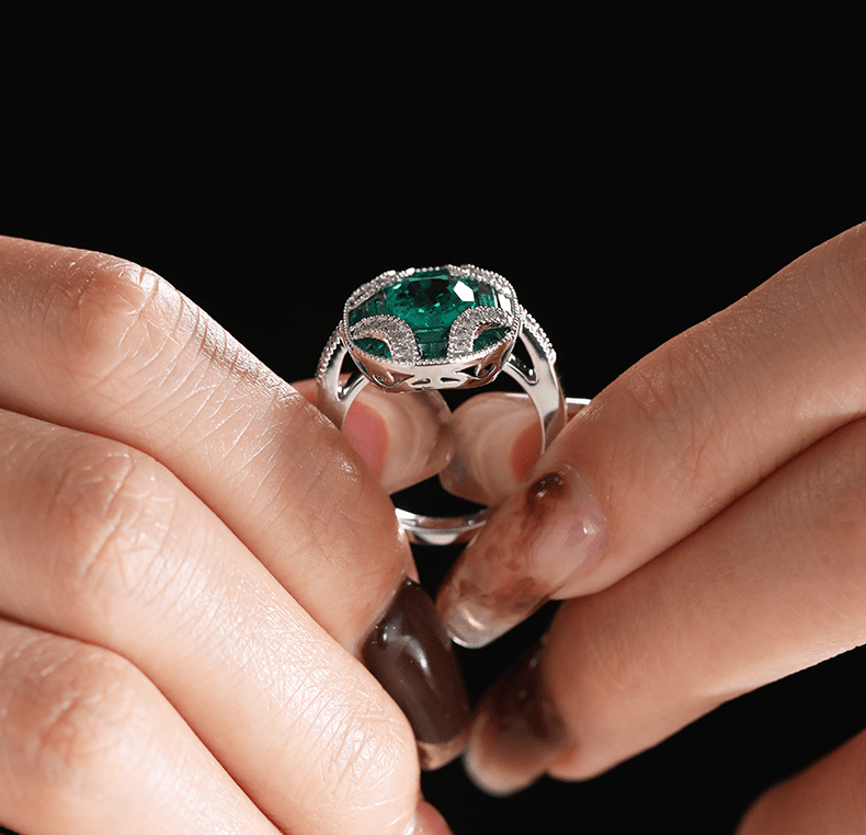18K White Gold 2ct Cushion Lab Columbian Emerald Millegrain Invisible Setting Vintage Ring with Round Lab Diamond and Mixed Cut Lab Columbian Emerald Side - stones - FIORESE JEWELRY
