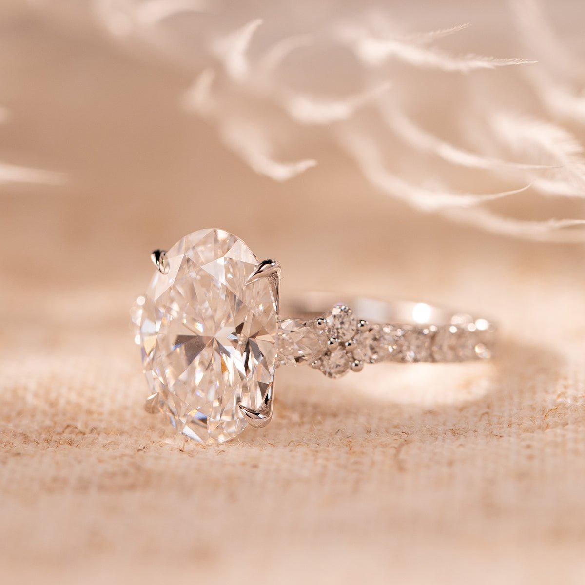 18K White Gold 3.5ct Oval Lab Diamond Vintage Ring with Millegrain and Lab Diamond Side - stones Pave - FIORESE JEWELRY