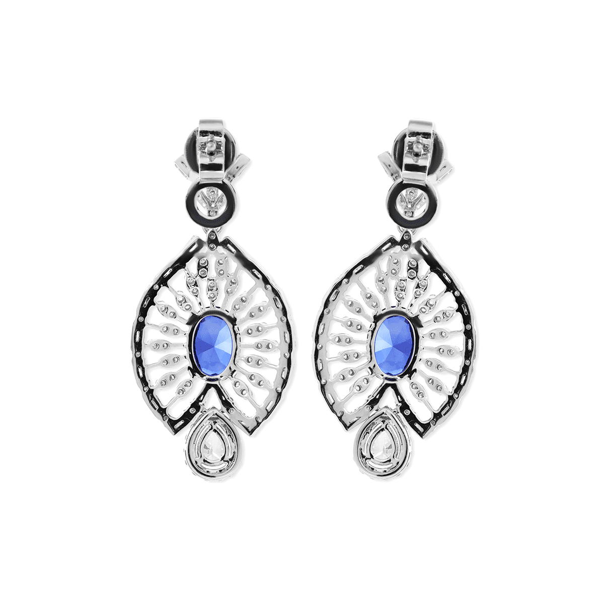18K White Gold 7*5mm Oval Royal Blue Lab Sapphire and Lab Diamond Victorian Peacock Plume Chandelier Earrings - FIORESE JEWELRY