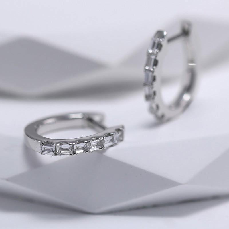 18K White Gold Baguette Cut Lab Diamond Six - stone Huggie Earrings - FIORESE JEWELRY