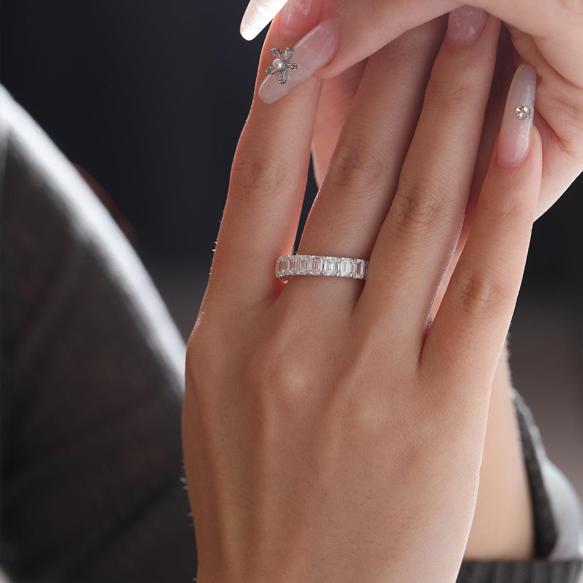 18K White Gold Emerald Cut & Round Cut Lab Diamond Eternity Ring - FIORESE JEWELRY