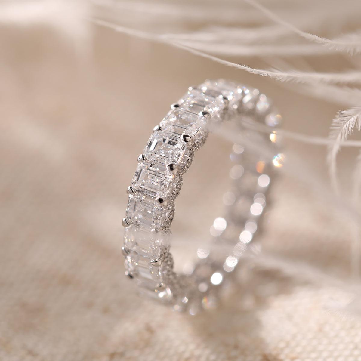 18K White Gold Emerald Cut & Round Cut Lab Diamond Eternity Ring - FIORESE JEWELRY