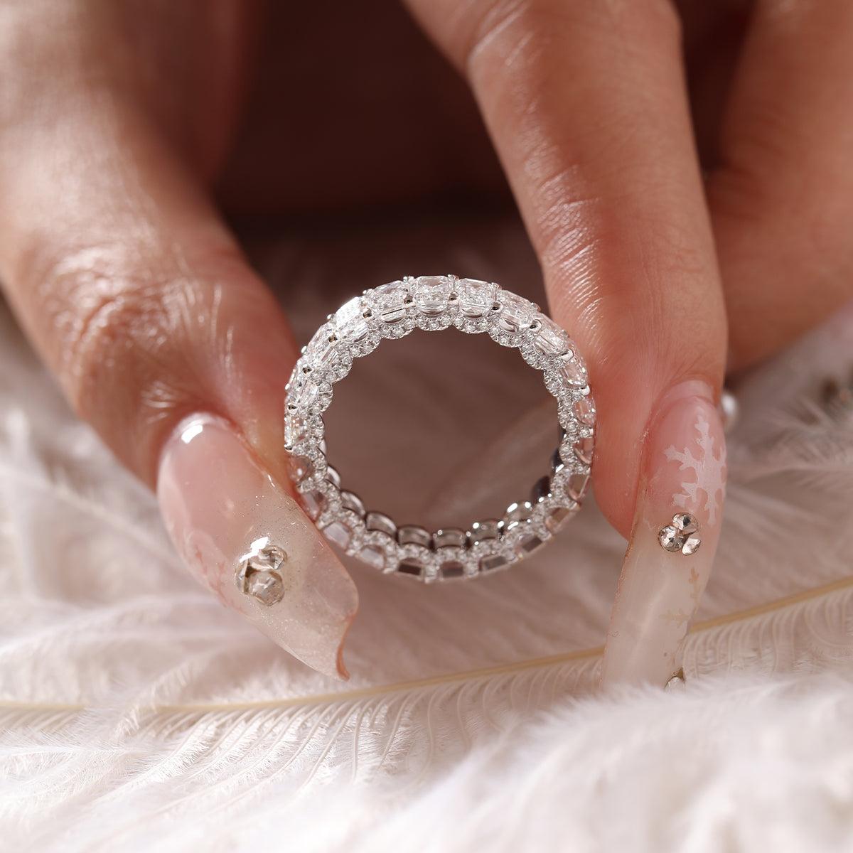 18K White Gold Emerald Cut & Round Cut Lab Diamond Eternity Ring - FIORESE JEWELRY