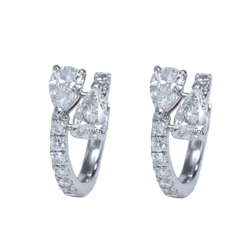 18K White Gold Pear Cut & Round Lab Diamond Huggie Earrings - FIORESE JEWELRY