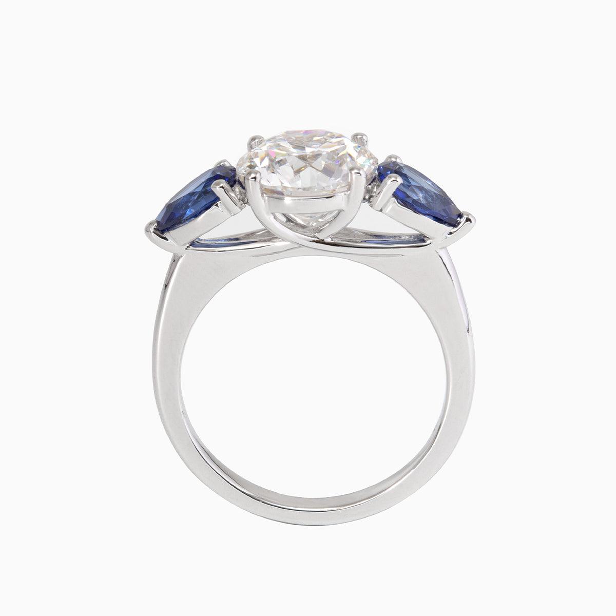 18K White Gold Round Lab Diamond Pear Sapphire Three Stone Ring - FIORESE JEWELRY