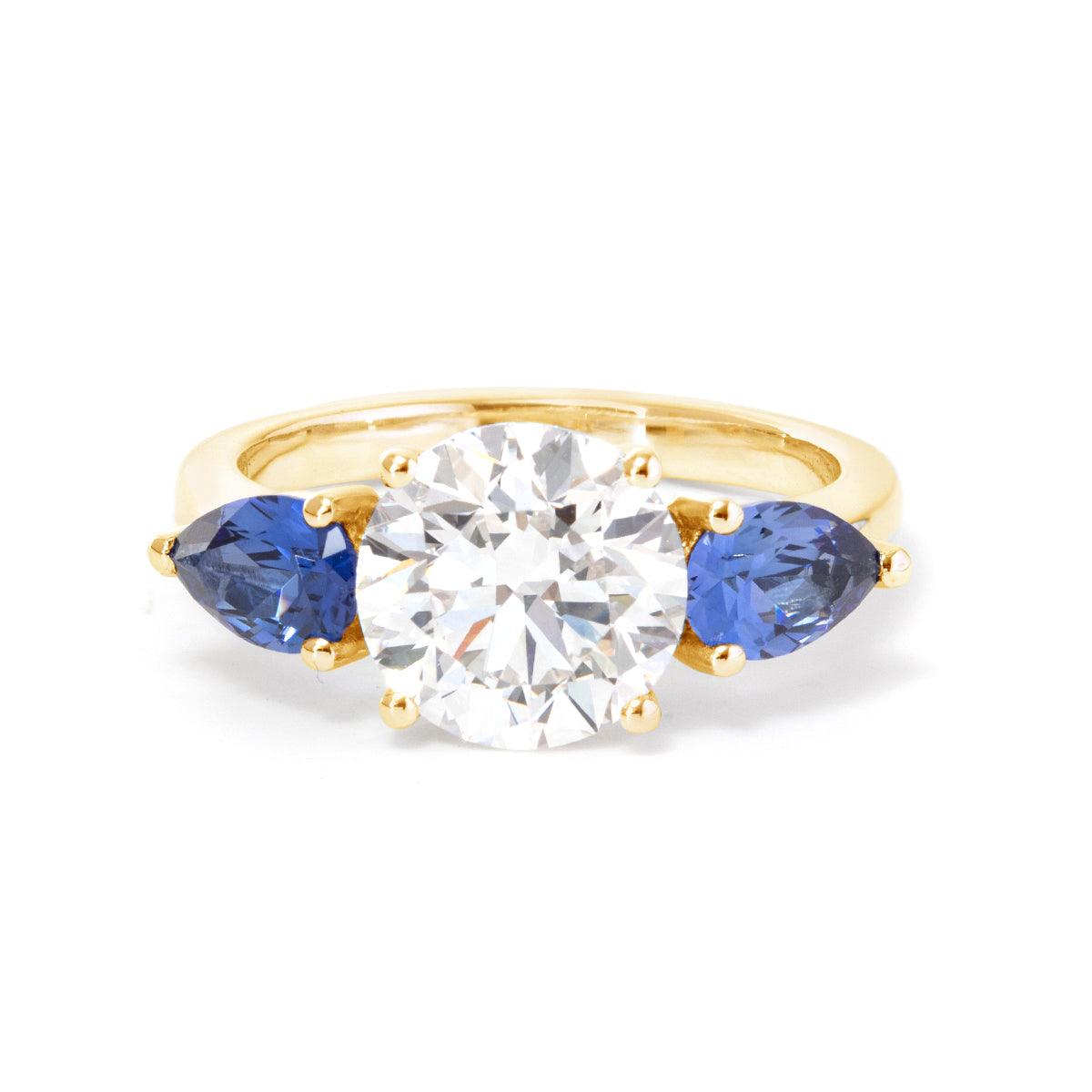 18K White Gold Round Lab Diamond Pear Sapphire Three Stone Ring - FIORESE JEWELRY