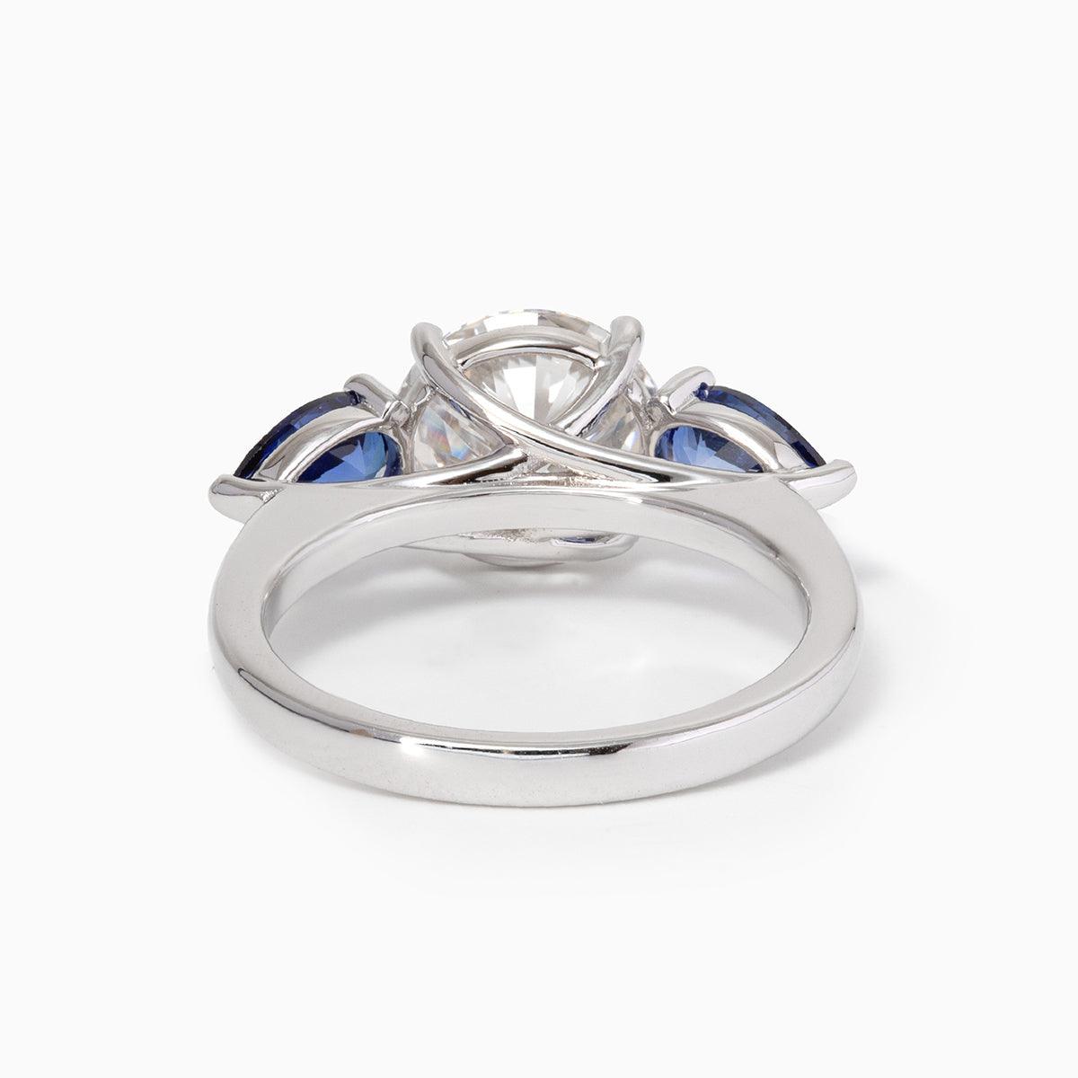 18K White Gold Round Lab Diamond Pear Sapphire Three Stone Ring - FIORESE JEWELRY