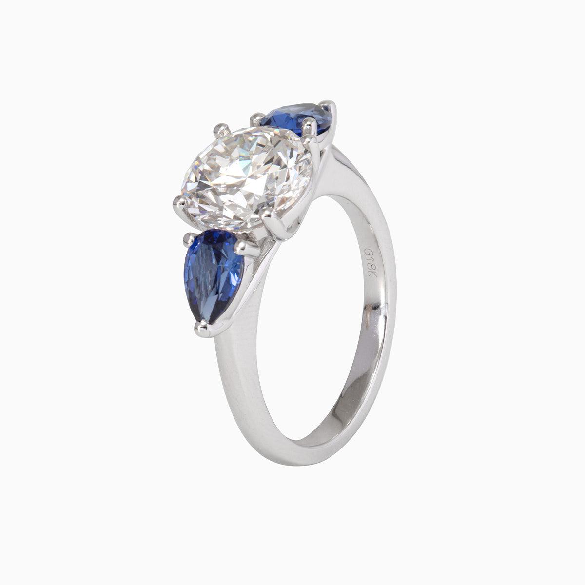 18K White Gold Round Lab Diamond Pear Sapphire Three Stone Ring - FIORESE JEWELRY