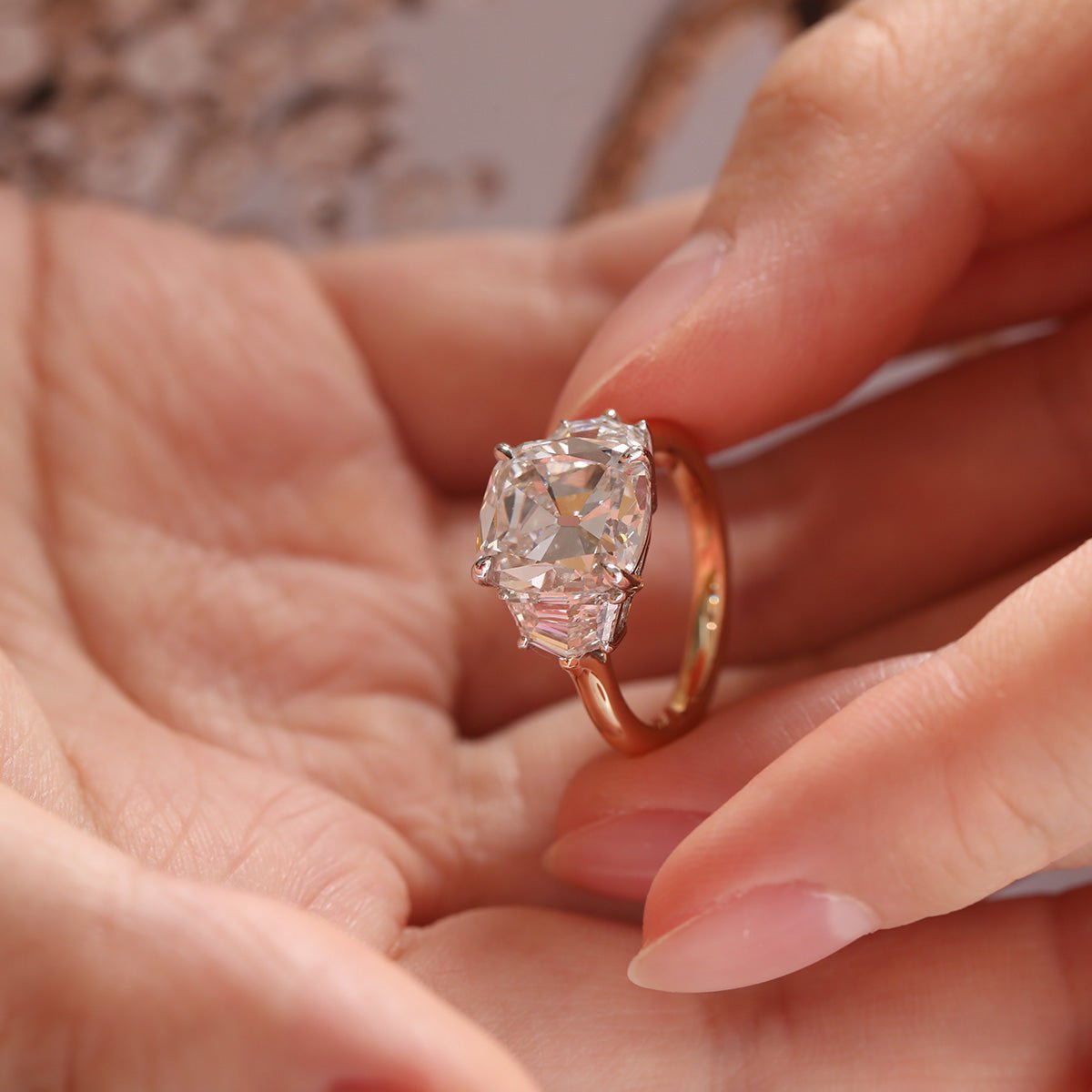 18K White Gold & Yellow Gold 4.5ct Old Mine Cut & Step cut Eldorado Lab Diamond Three Stone Ring - FIORESE JEWELRY